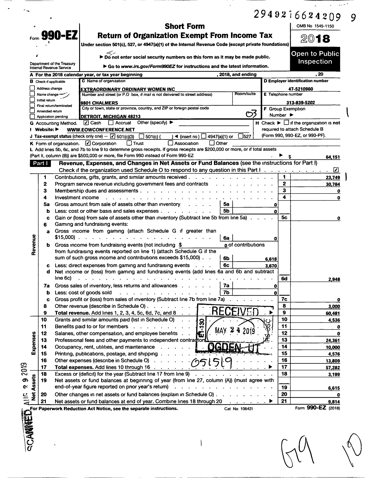 Image of first page of 2018 Form 990EZ for Extraordinary Ordinary Women (EOW)