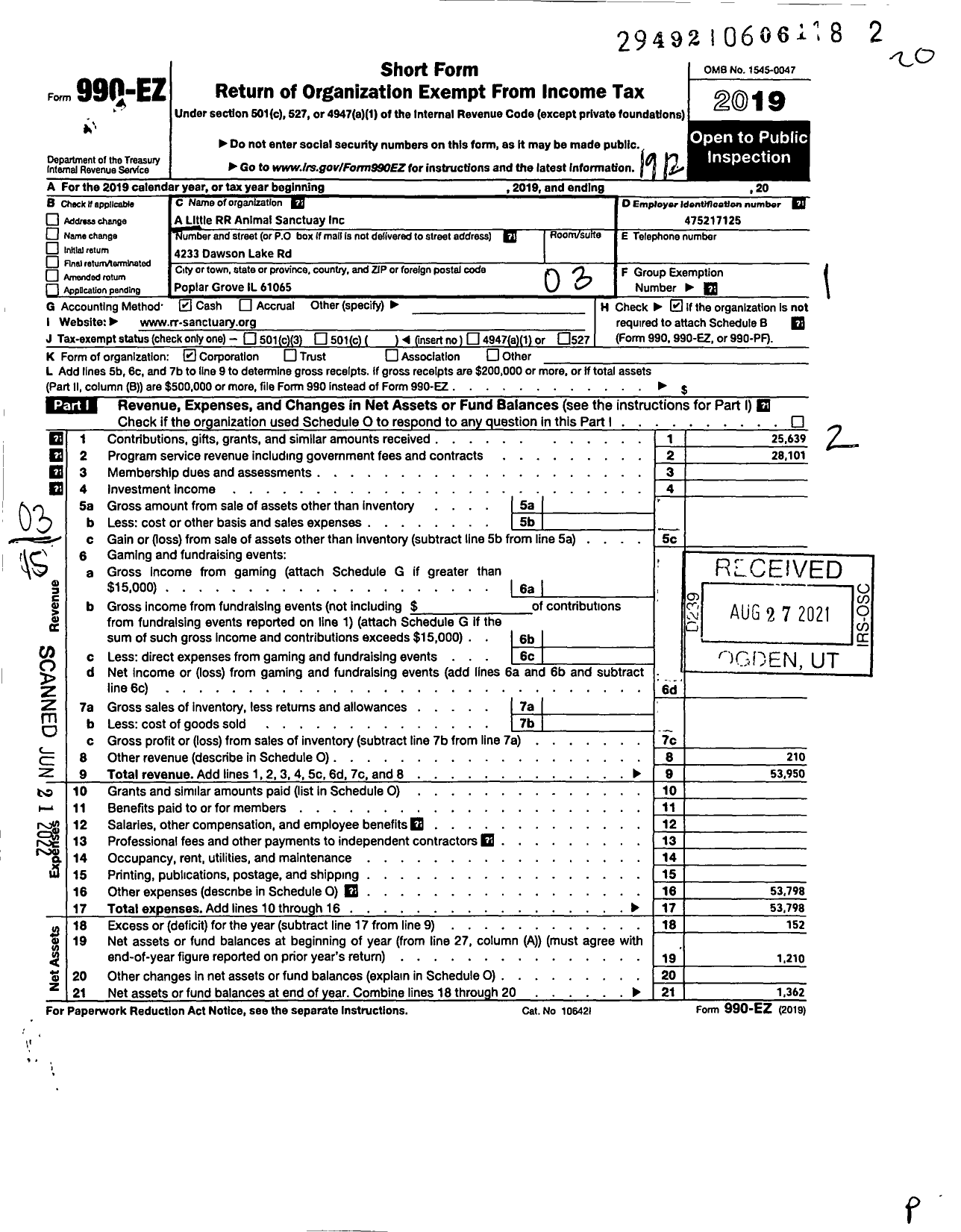 Image of first page of 2019 Form 990EZ for A Little R&R Animal Sanctuary