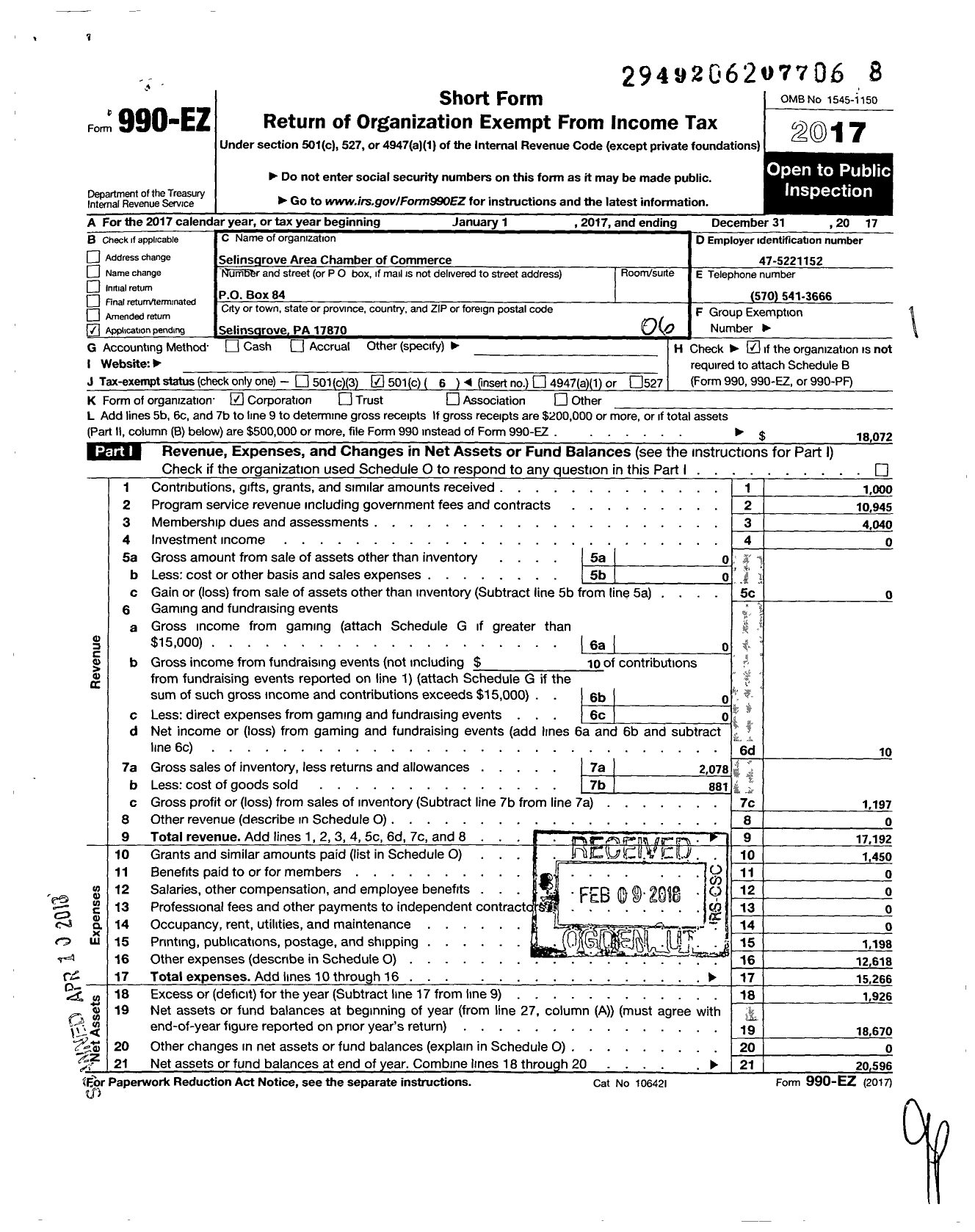 Image of first page of 2017 Form 990EO for Selinsgrove Area Chamber of Commerce