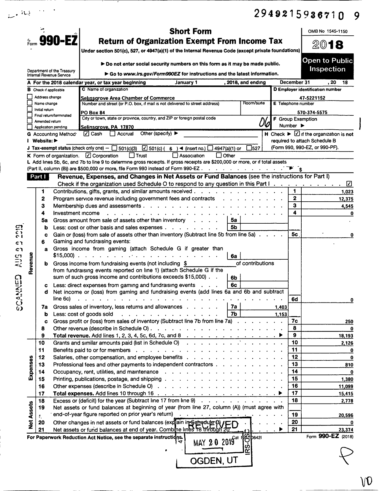 Image of first page of 2018 Form 990EO for Selinsgrove Area Chamber of Commerce