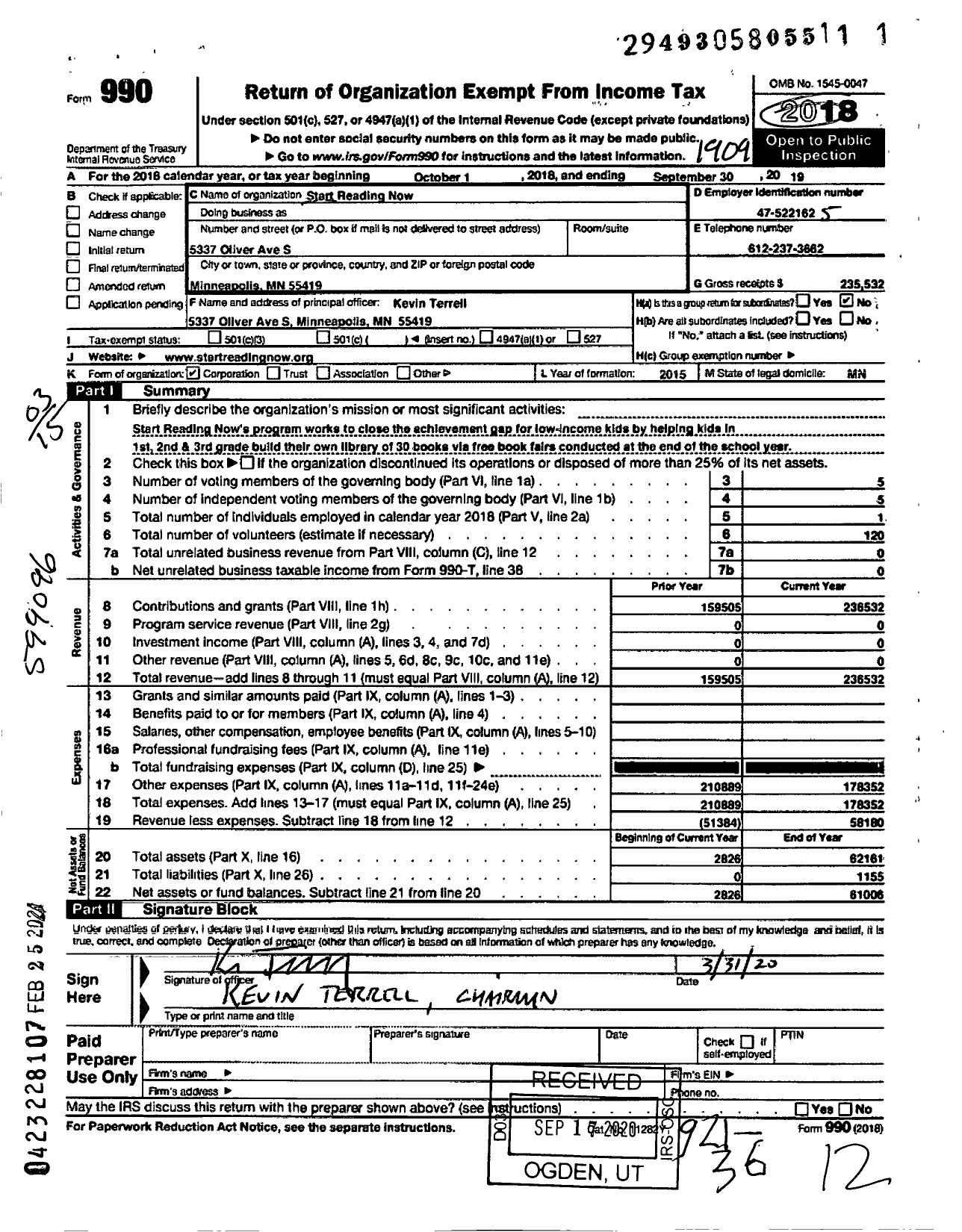 Image of first page of 2018 Form 990 for Start Reading Now