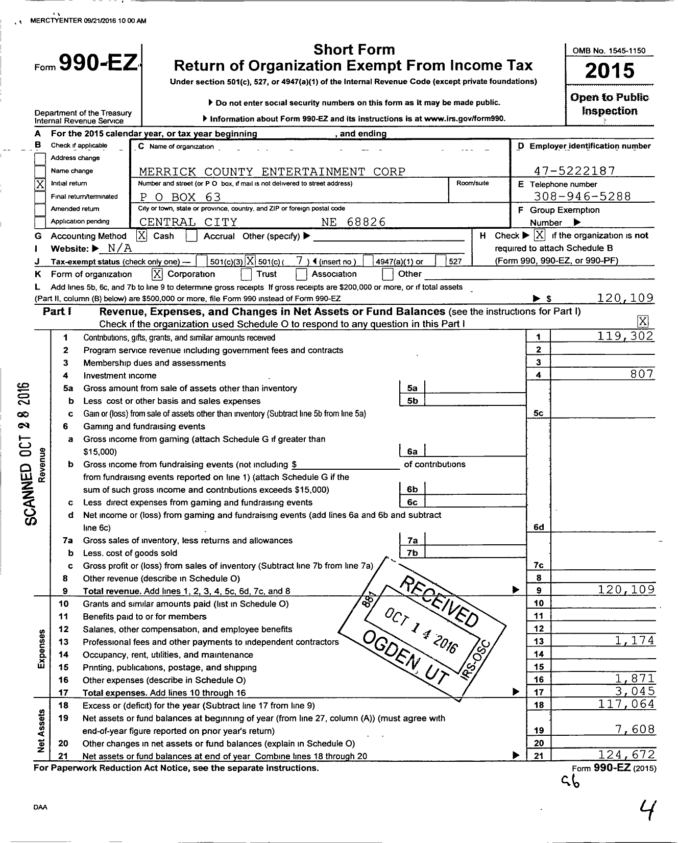 Image of first page of 2015 Form 990EO for Merrick County Entertainment Corporation