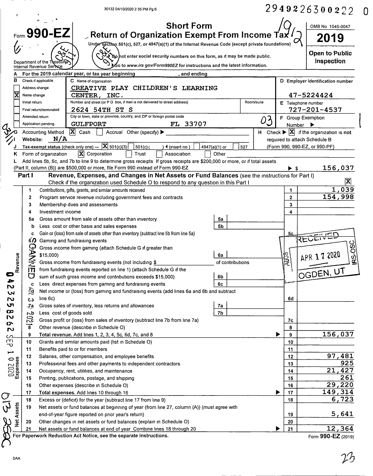 Image of first page of 2019 Form 990EZ for Creative Play Children's Learning Center