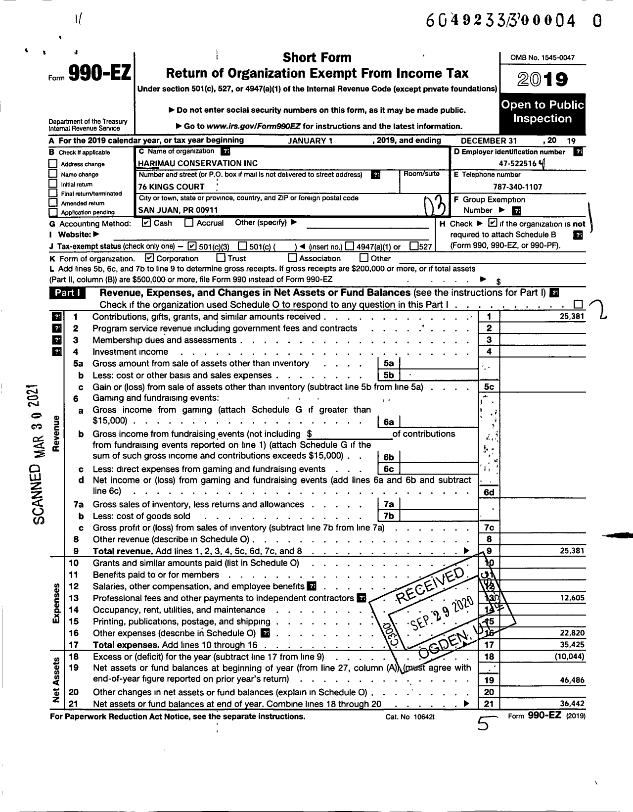 Image of first page of 2019 Form 990EZ for Harimau Conservation