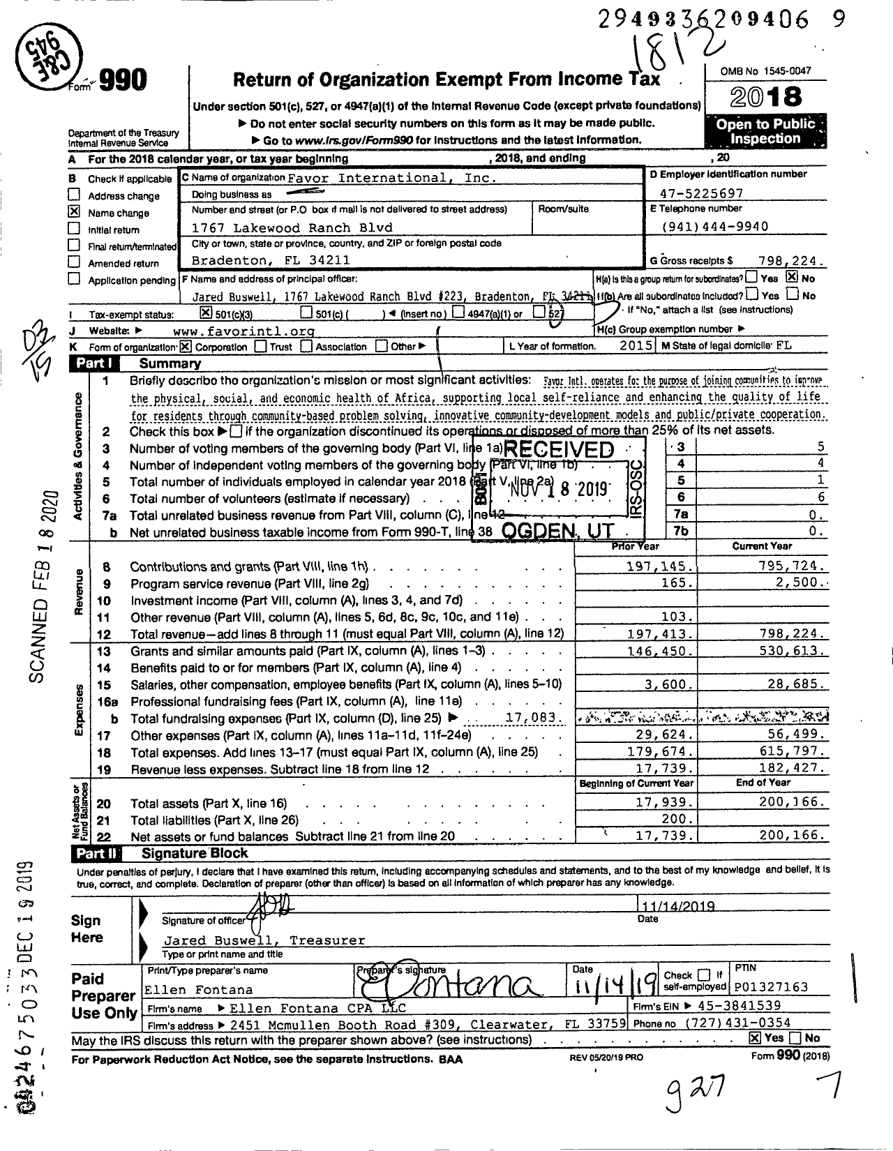 Image of first page of 2018 Form 990 for Favor International