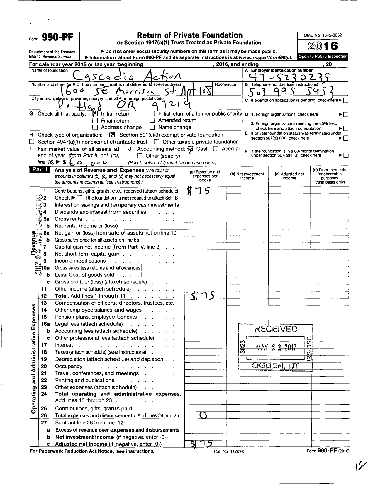 Image of first page of 2016 Form 990PF for Cascadia Action