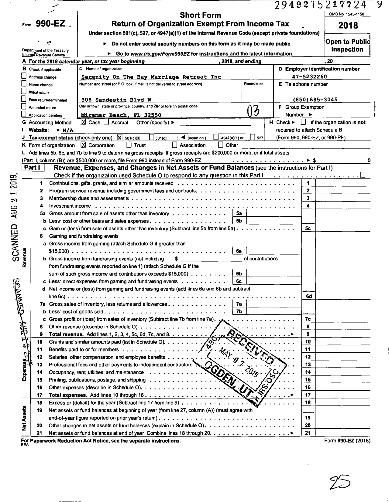 Image of first page of 2018 Form 990EZ for Serenity On The Bay Marriage Retreat