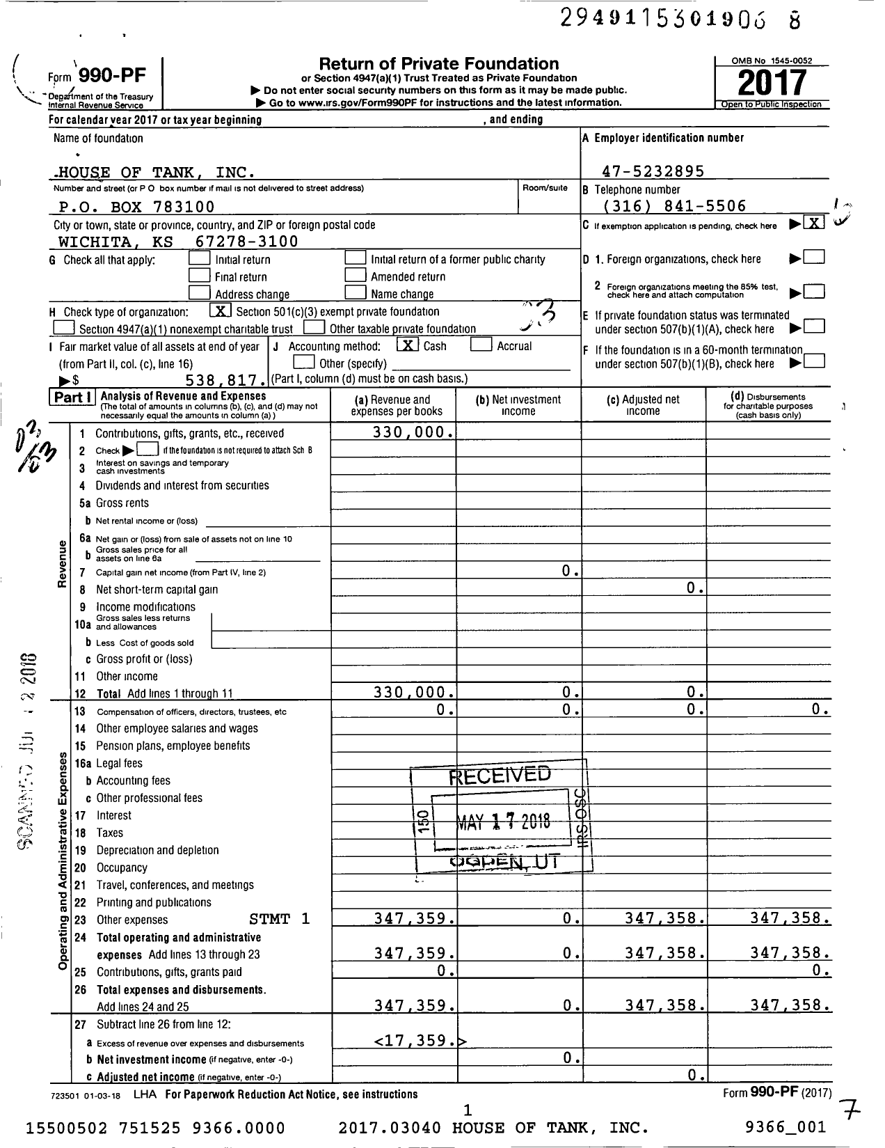 Image of first page of 2017 Form 990PF for House of Tank