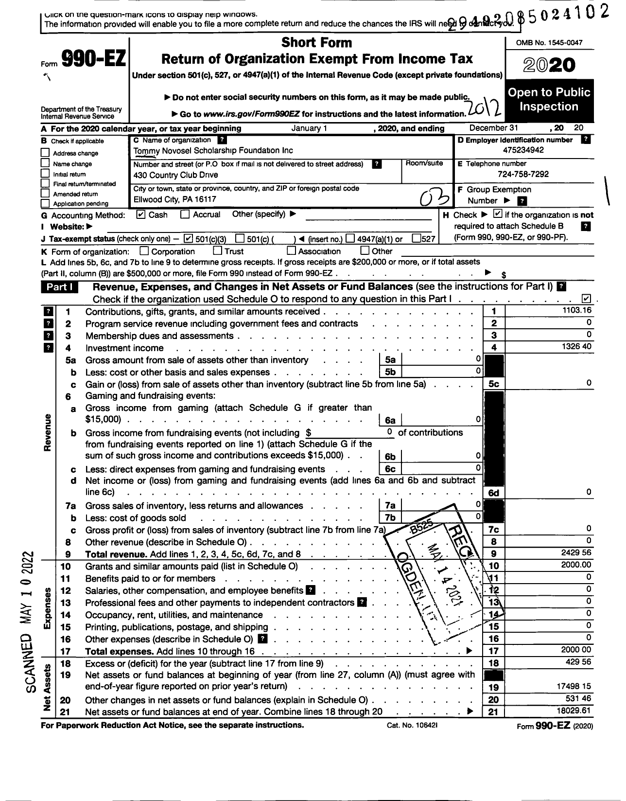 Image of first page of 2020 Form 990EZ for Tommy Novosel Scholarship Foundation