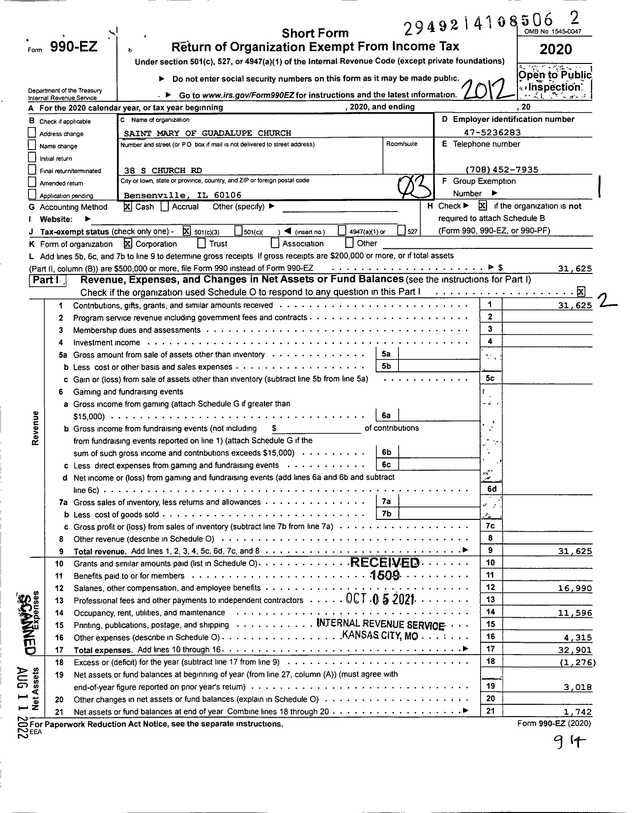 Image of first page of 2020 Form 990EZ for Saint Mary of Guadalupe Church