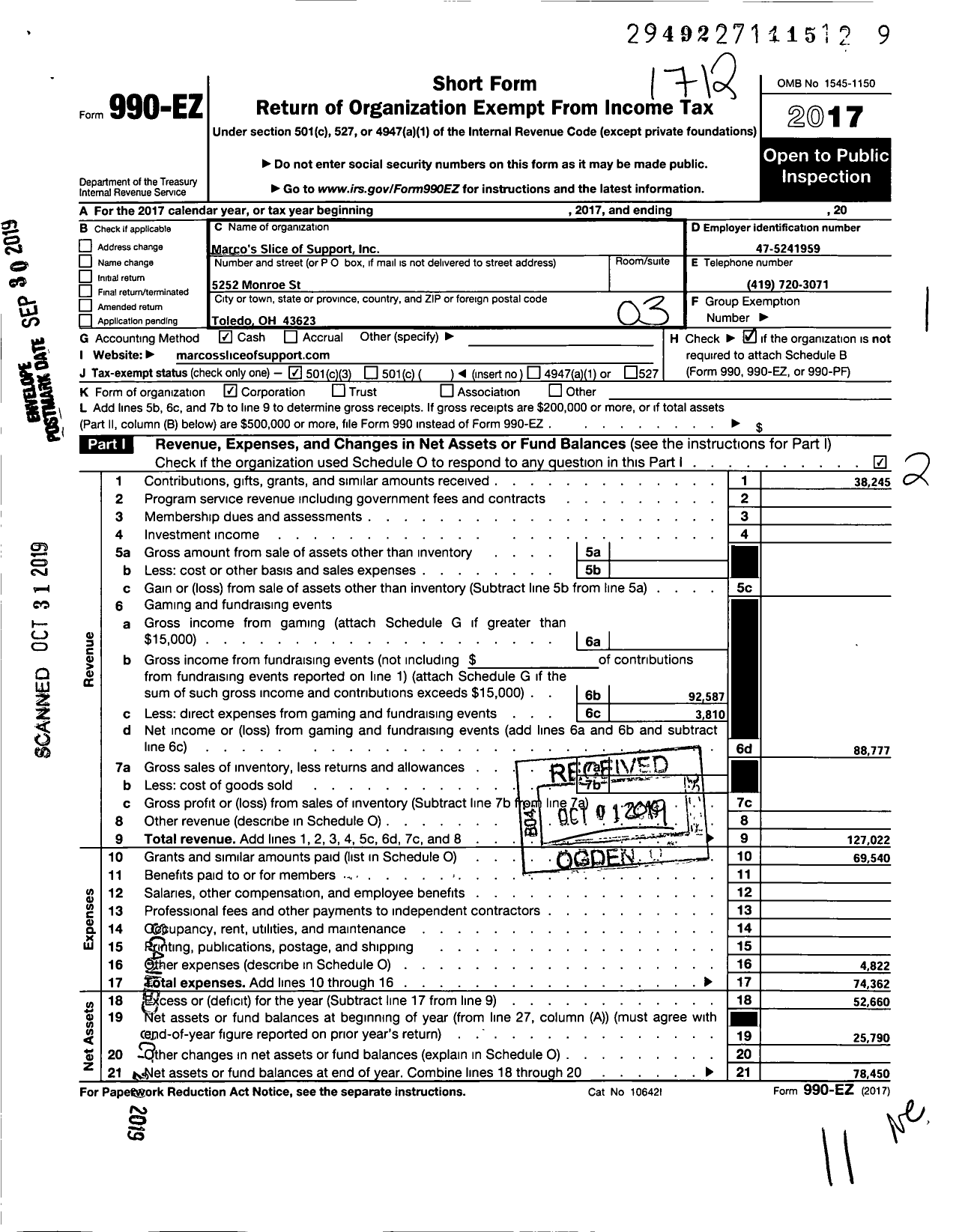 Image of first page of 2017 Form 990EZ for Marco's Slice of Support