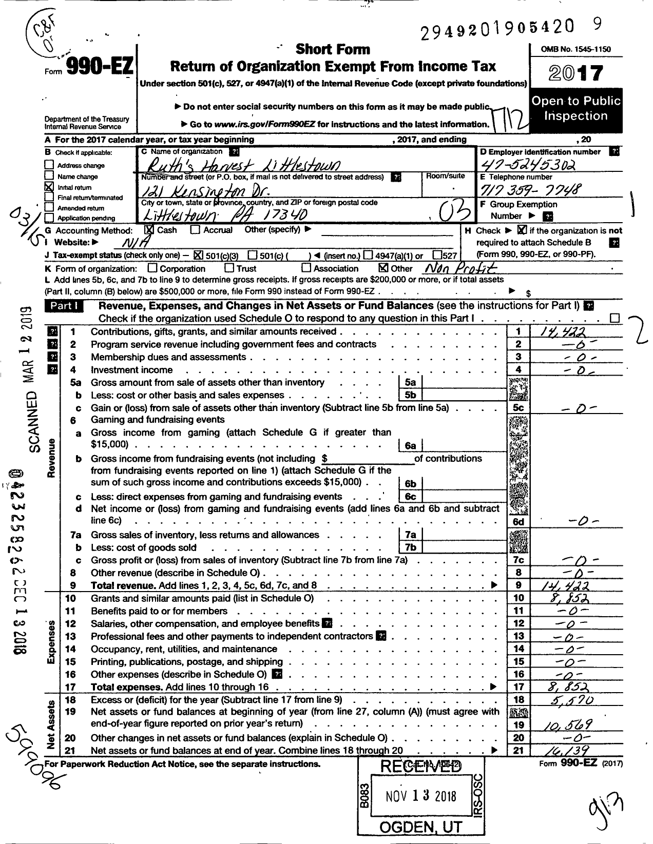 Image of first page of 2017 Form 990EZ for Ruths Harvest Littlestown