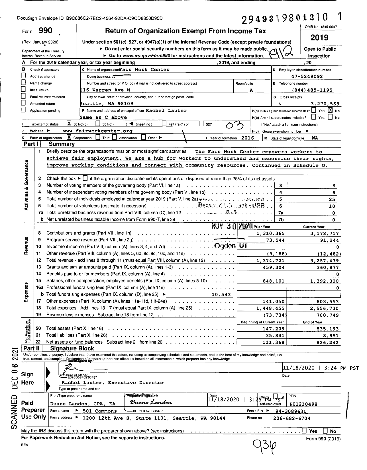 Image of first page of 2019 Form 990 for Fair Work Center