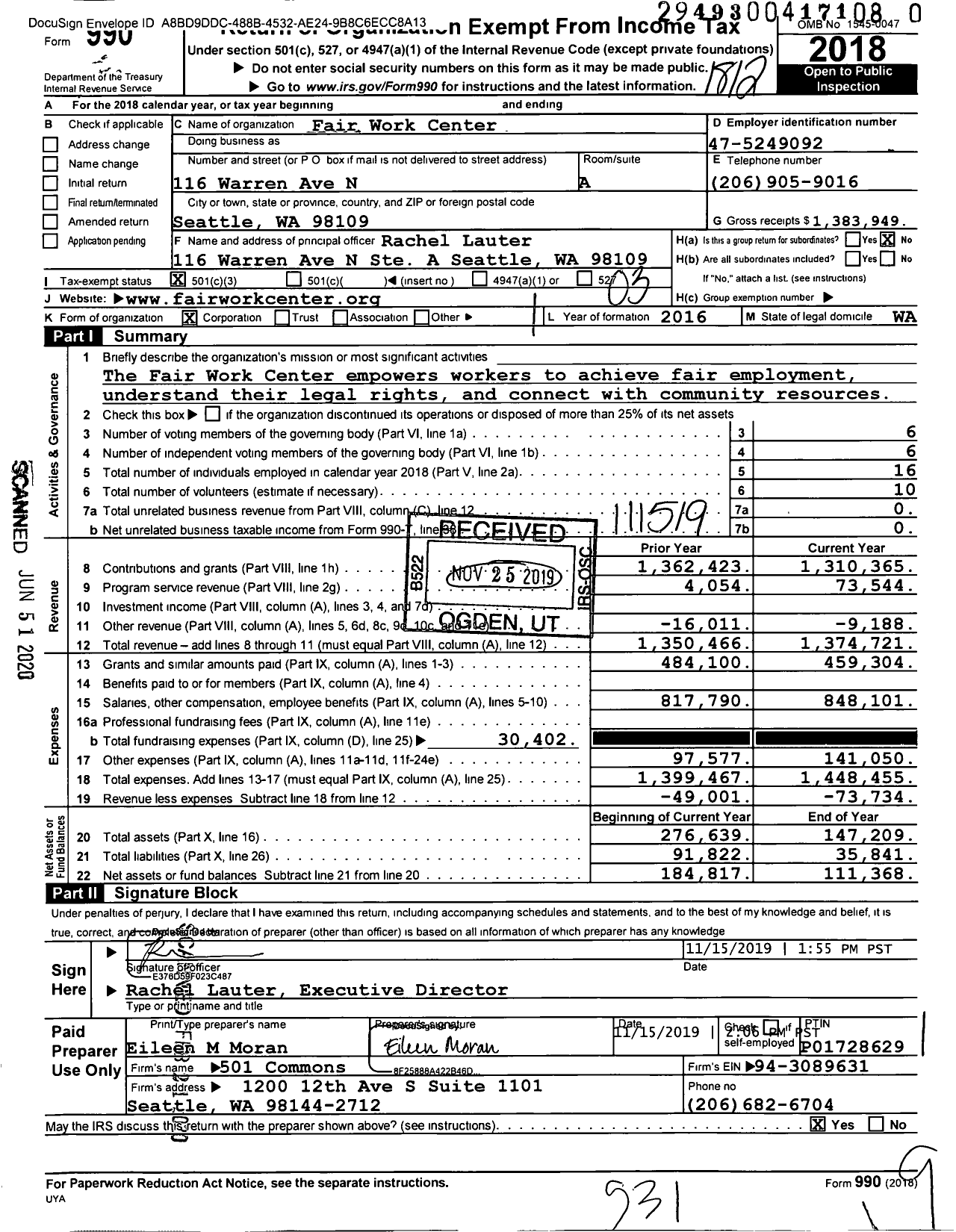 Image of first page of 2018 Form 990 for Fair Work Center