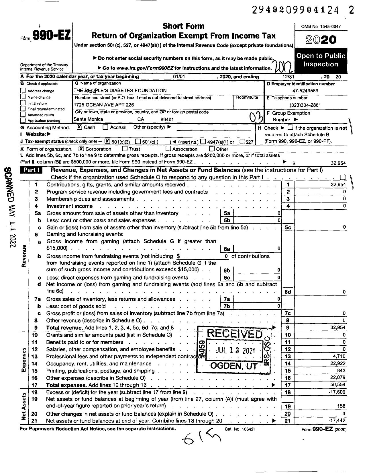 Image of first page of 2020 Form 990EZ for The People's Diabetes Foundation