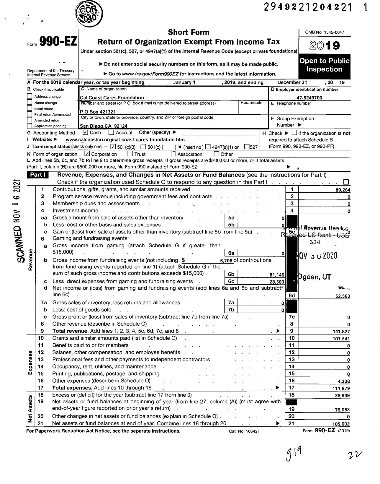 Image of first page of 2019 Form 990EZ for Cal Coast Cares Foundation