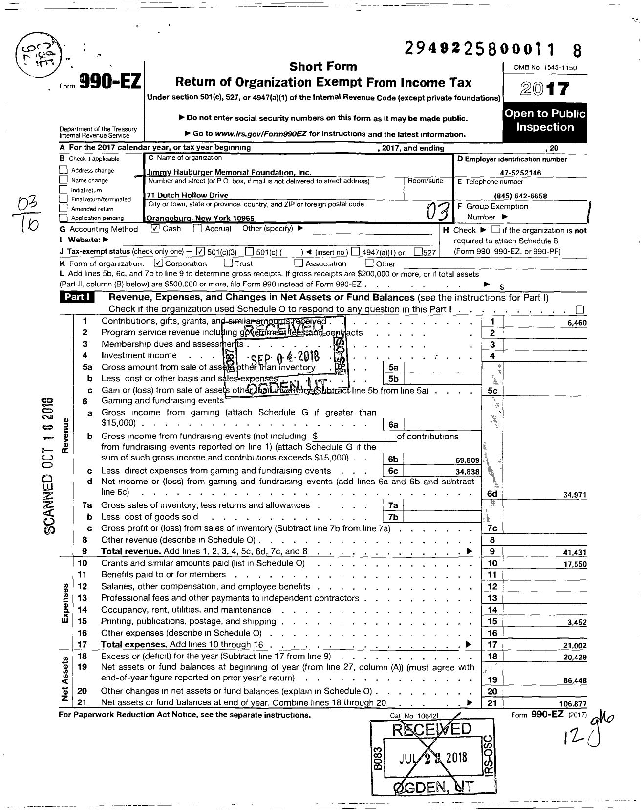 Image of first page of 2017 Form 990EZ for Jimmy Hauburger Memorial Foundation