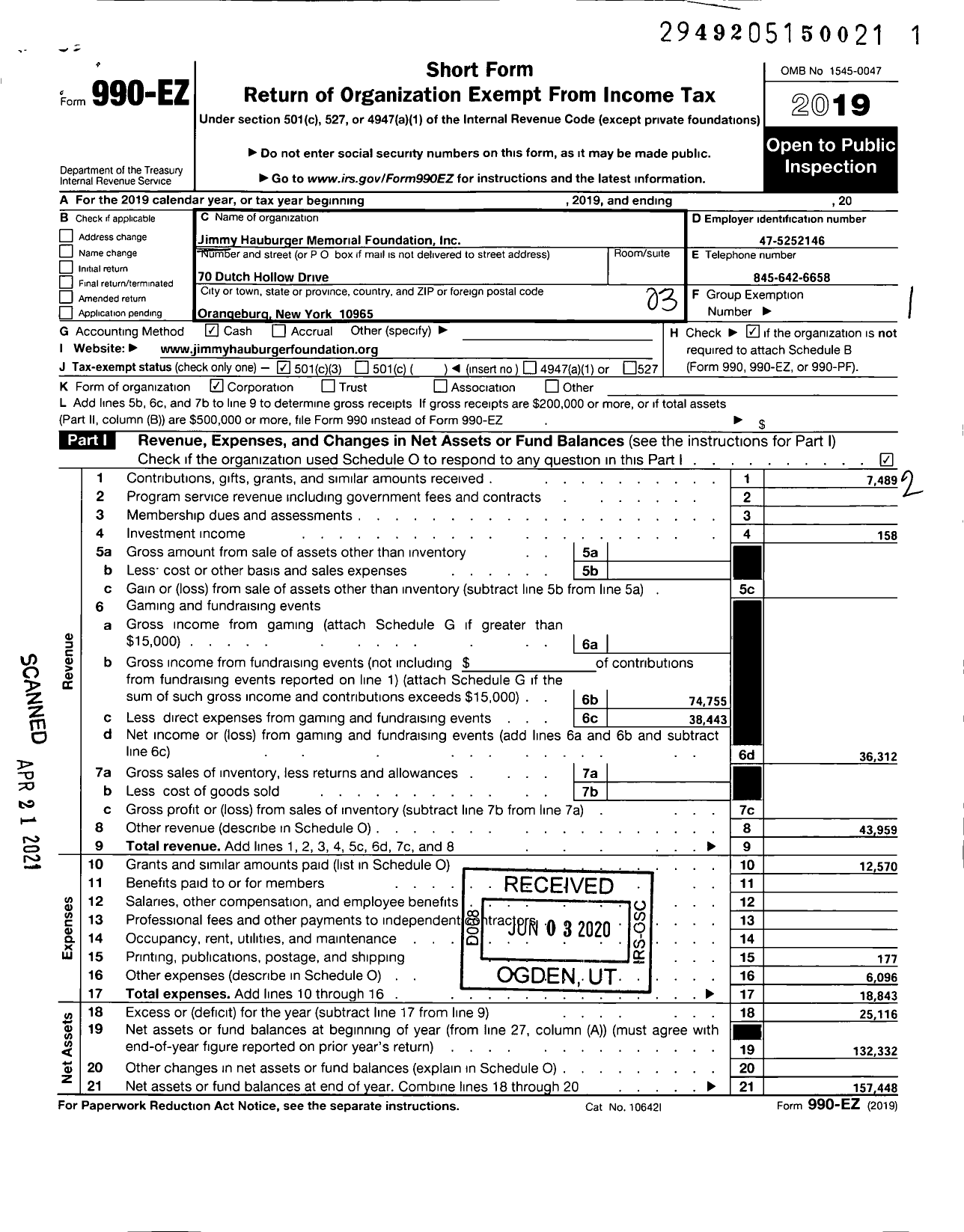 Image of first page of 2019 Form 990EZ for Jimmy Hauburger Memorial Foundation