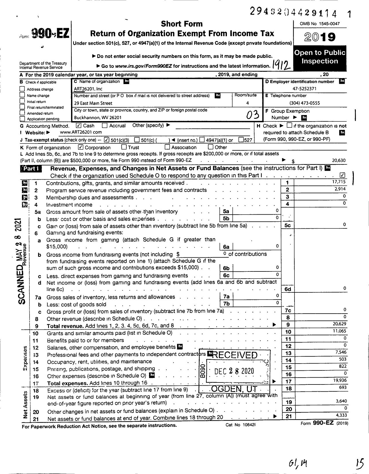 Image of first page of 2019 Form 990EZ for Art26201