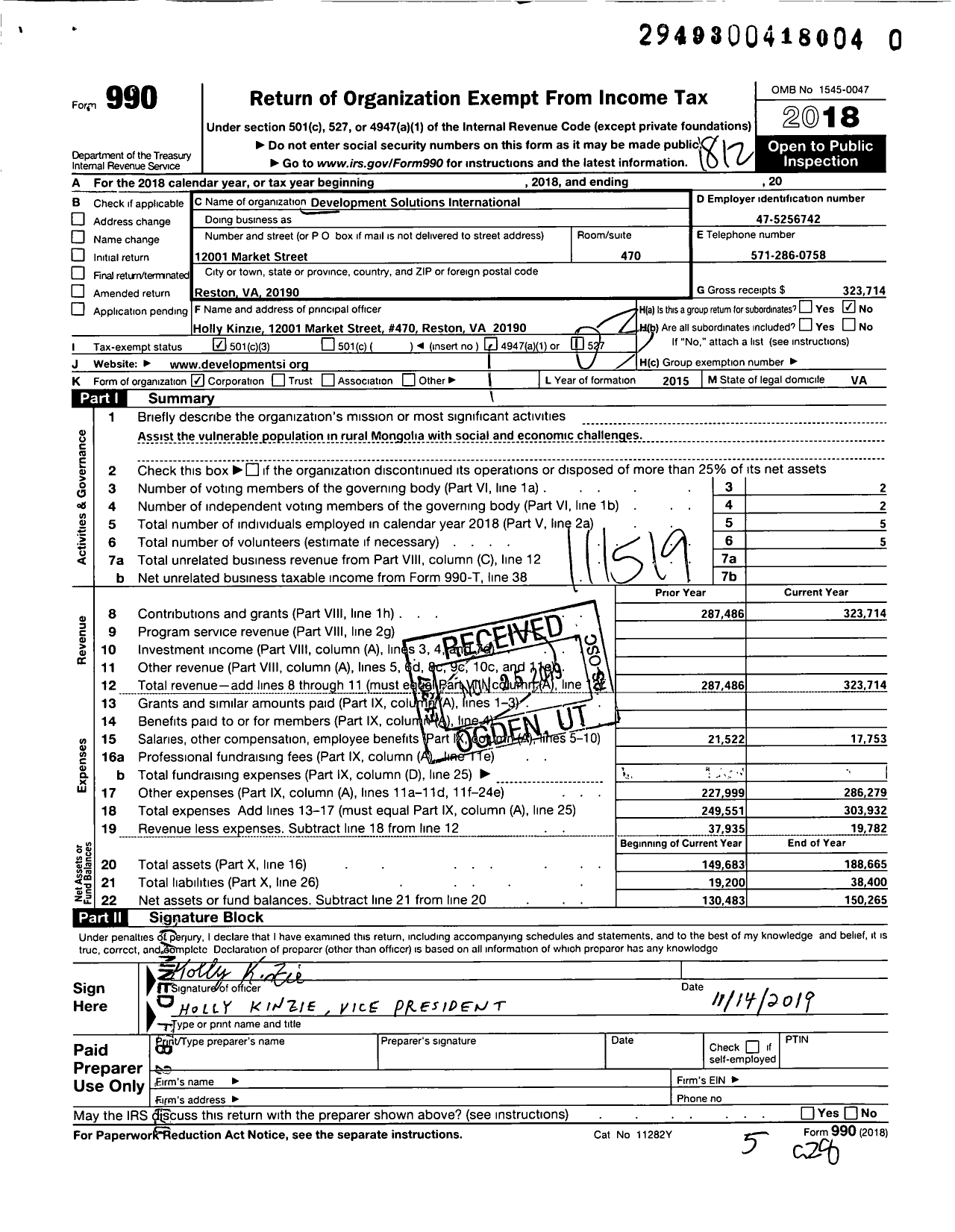 Image of first page of 2018 Form 990 for Development Solutions International