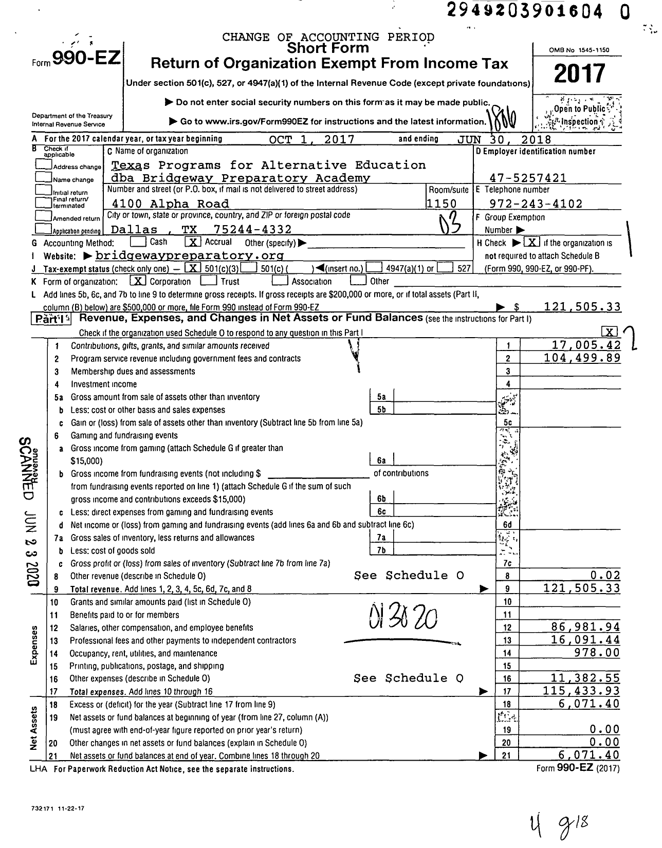 Image of first page of 2017 Form 990EZ for Bridgeway Prepatory Academy