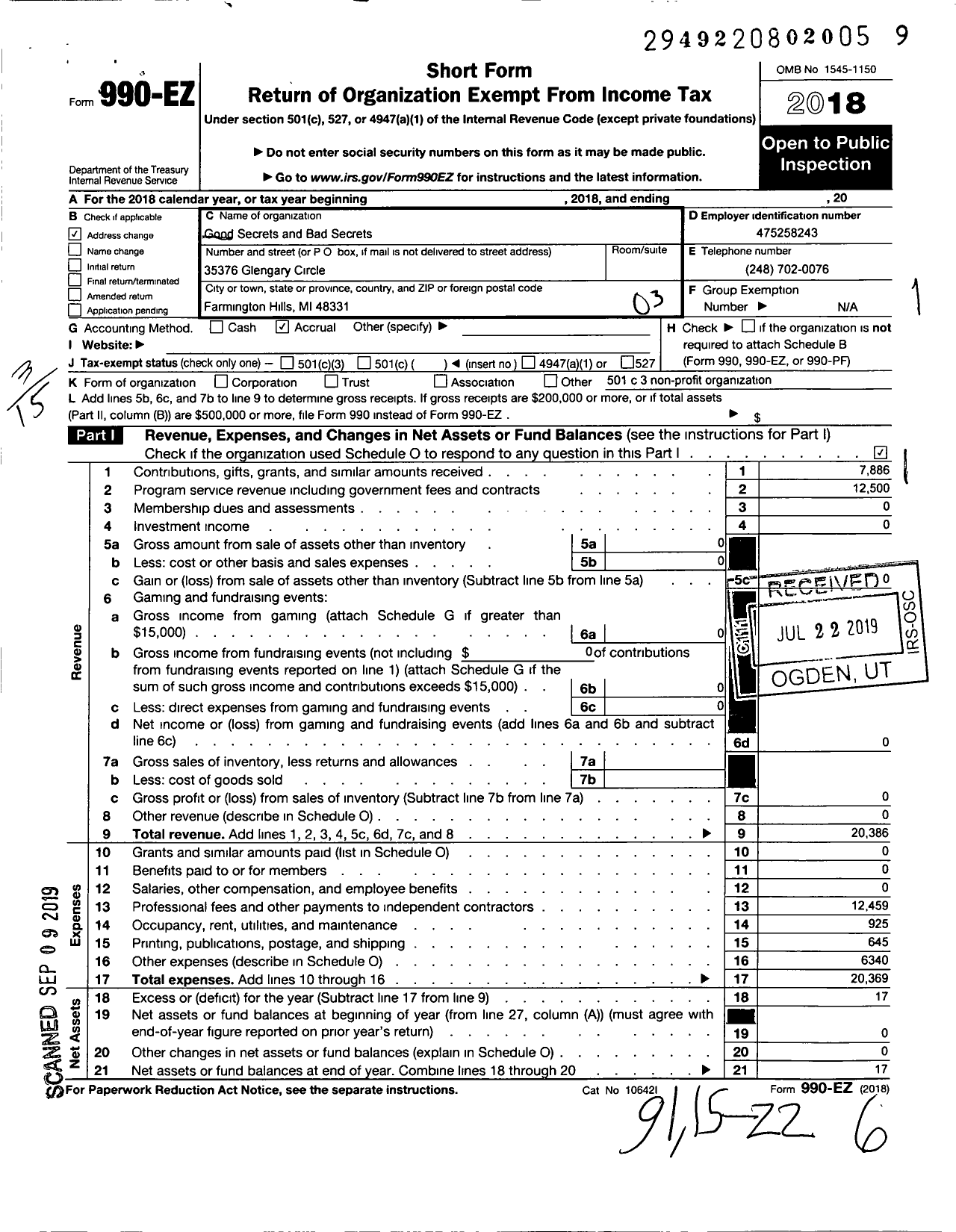 Image of first page of 2018 Form 990EZ for Good Secrets and Bad Secrets