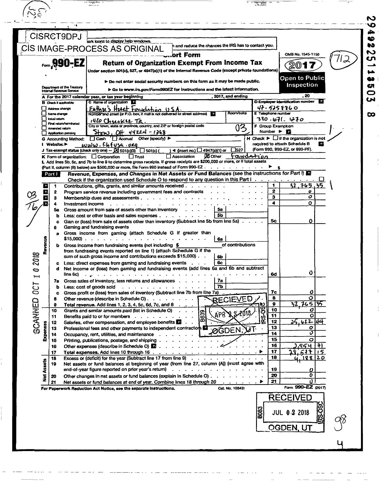 Image of first page of 2017 Form 990EZ for Fathers Heart Foundation USA