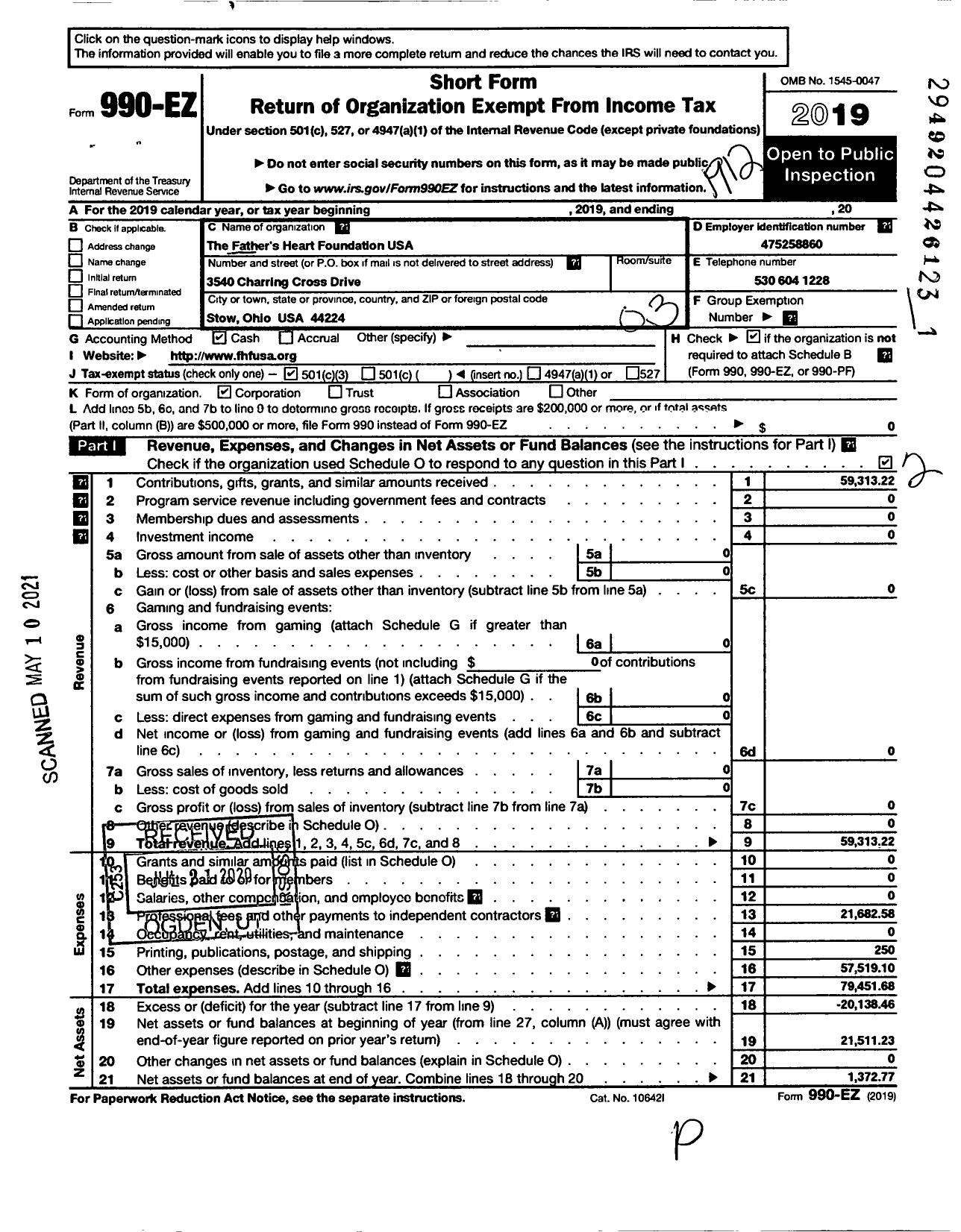 Image of first page of 2019 Form 990EZ for Fathers Heart Foundation USA