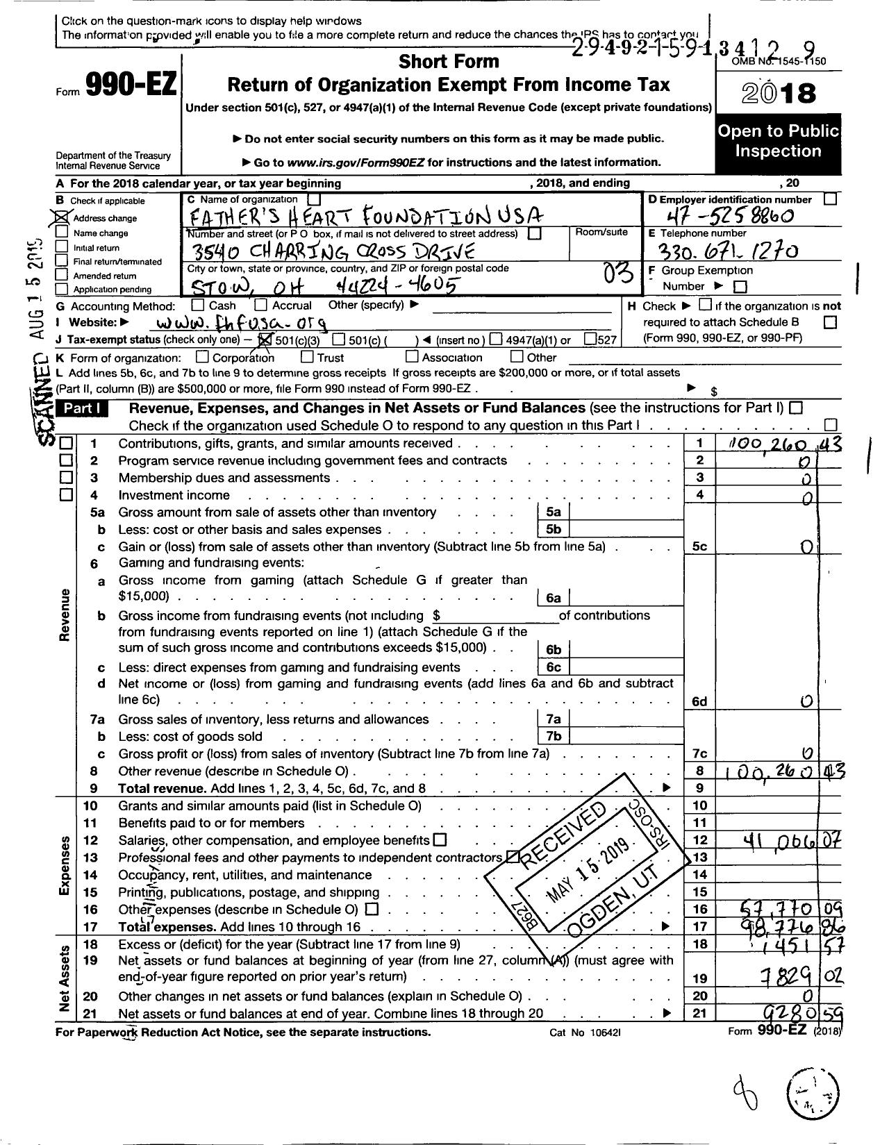 Image of first page of 2018 Form 990EZ for Fathers Heart Foundation USA