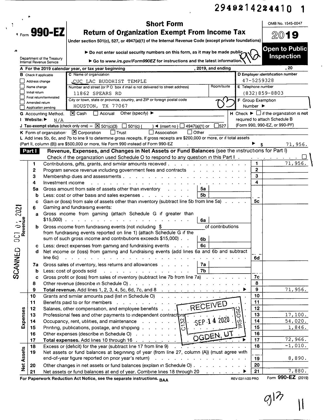 Image of first page of 2019 Form 990EZ for Cuc Lac Buddhist Temple