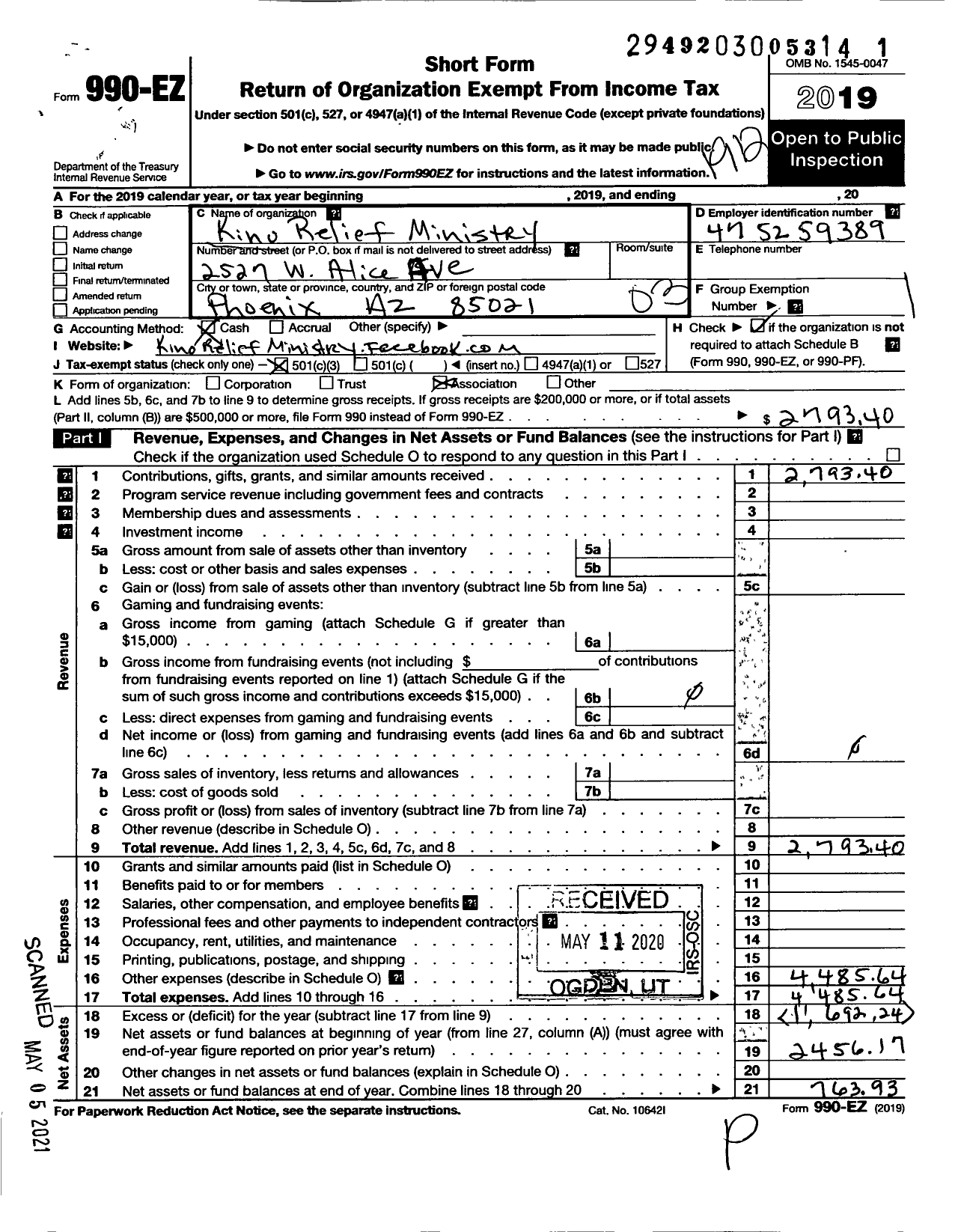 Image of first page of 2019 Form 990EZ for Kino Relief Ministry