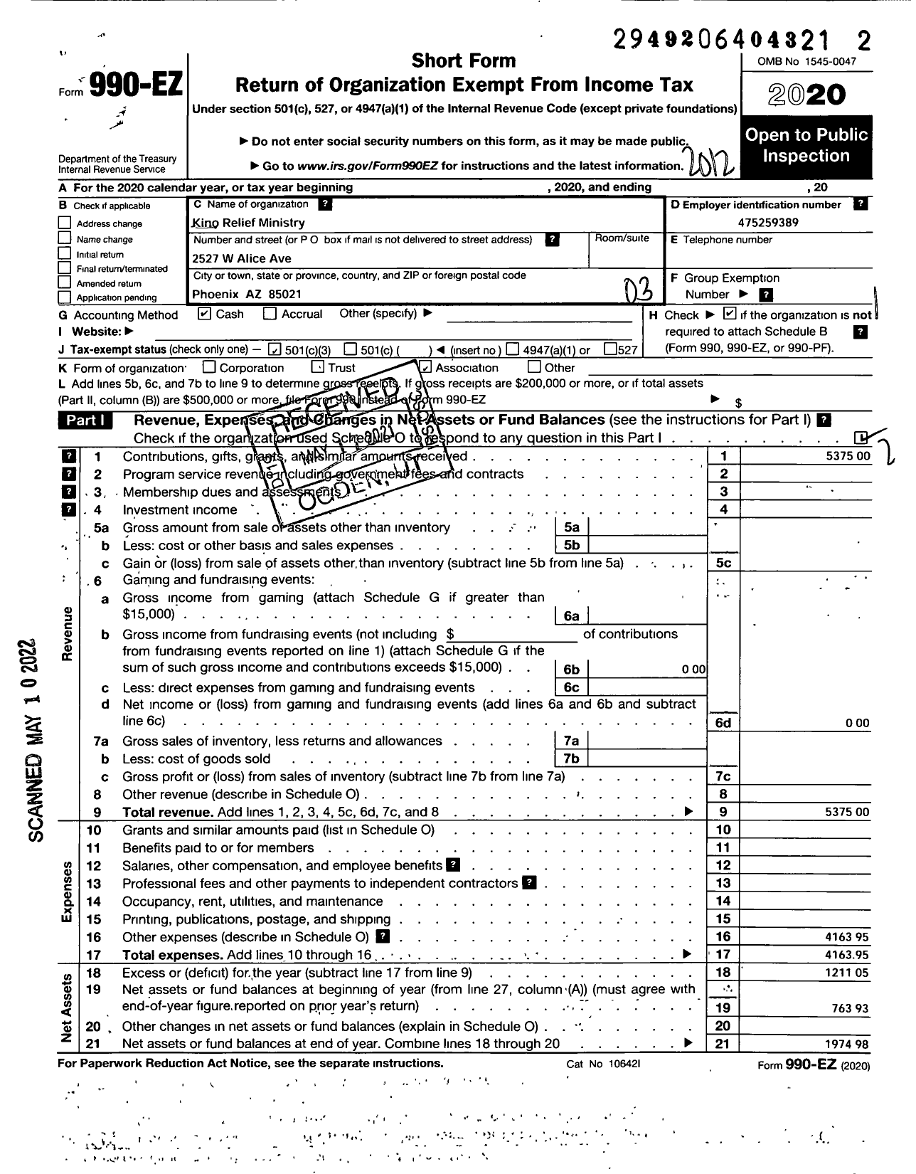 Image of first page of 2020 Form 990EZ for Kino Relief Ministry