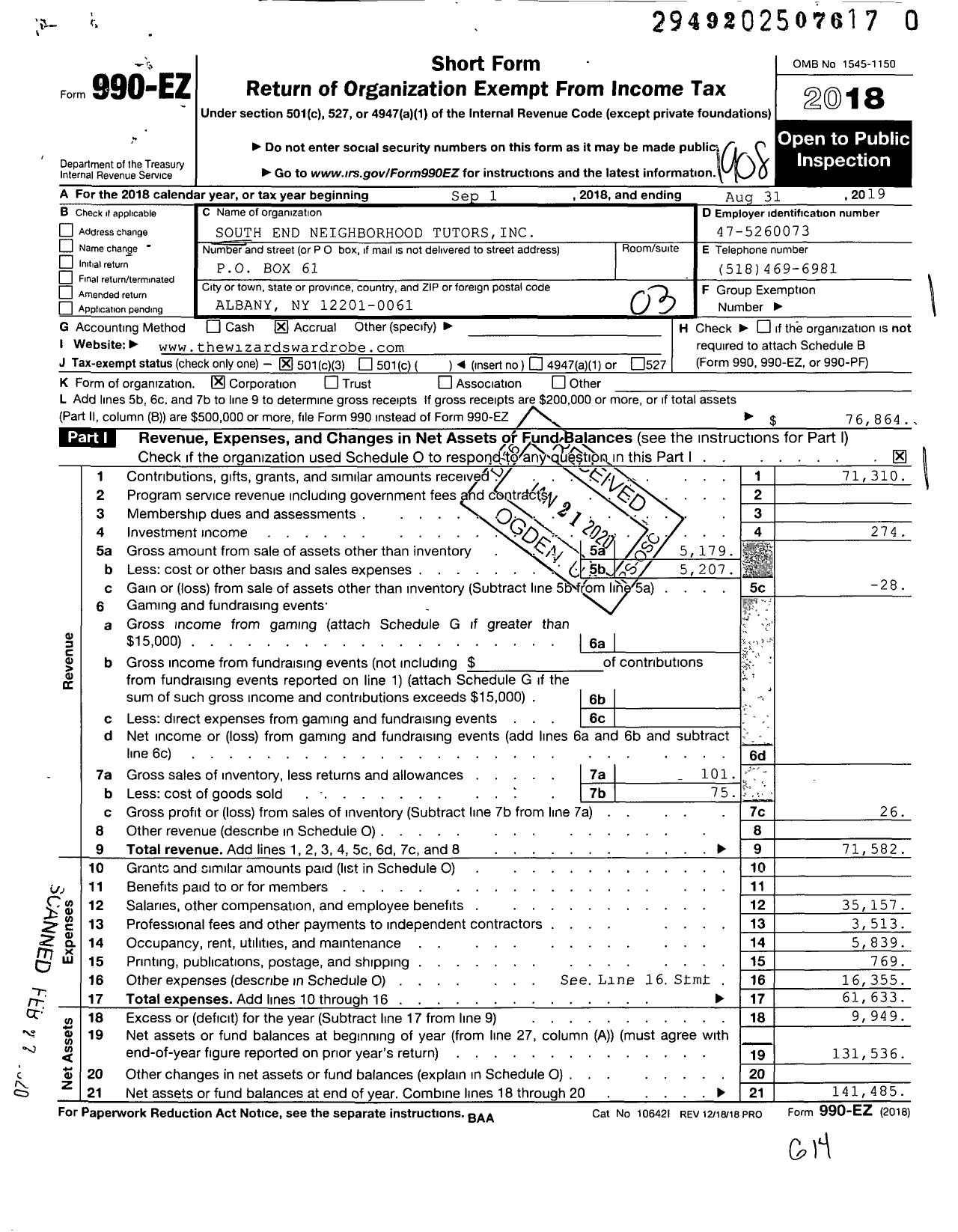 Image of first page of 2018 Form 990EZ for South End Neighborhood Tutors