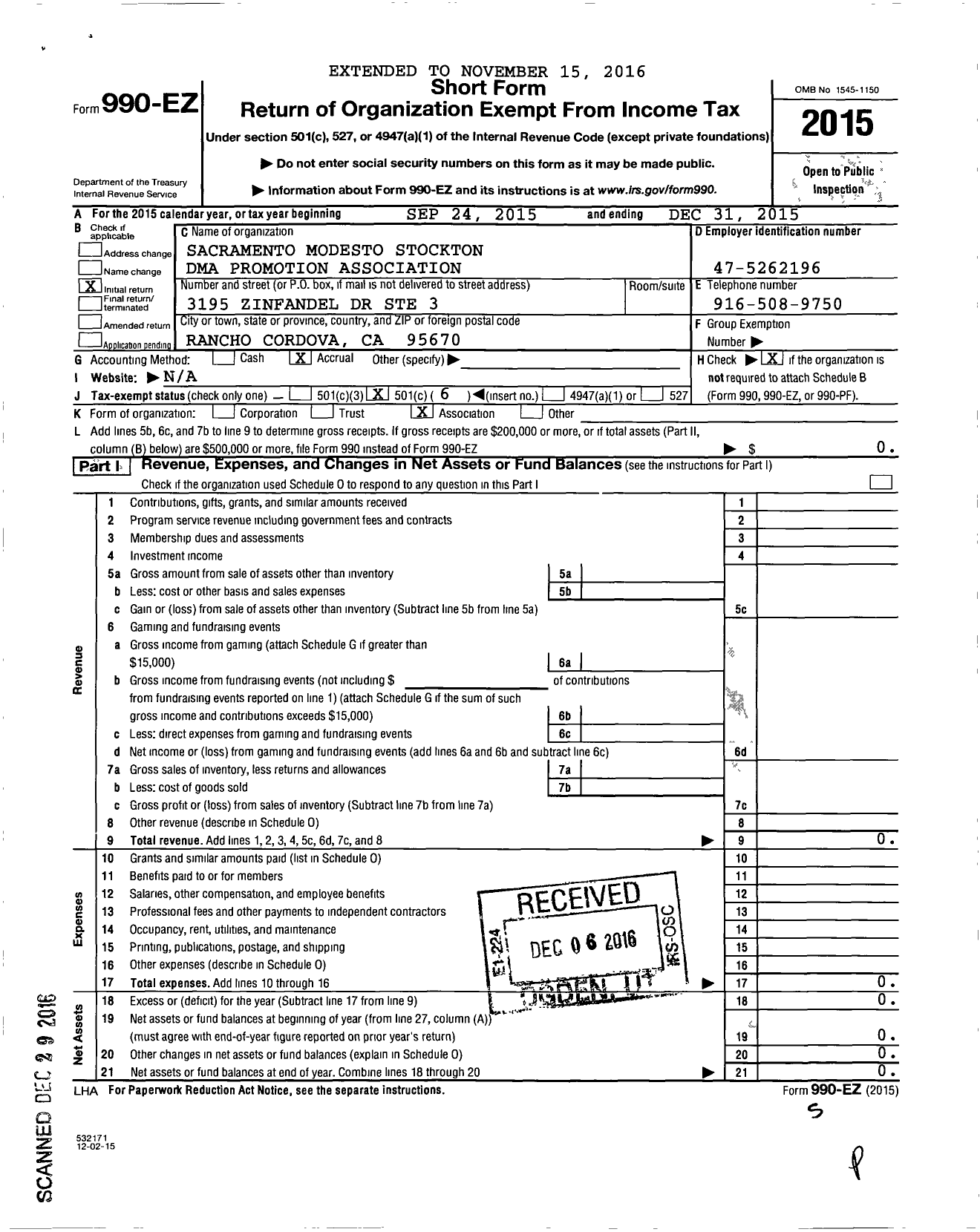 Image of first page of 2015 Form 990EO for Sacramento Modesto Stockton Dma Promotion Association