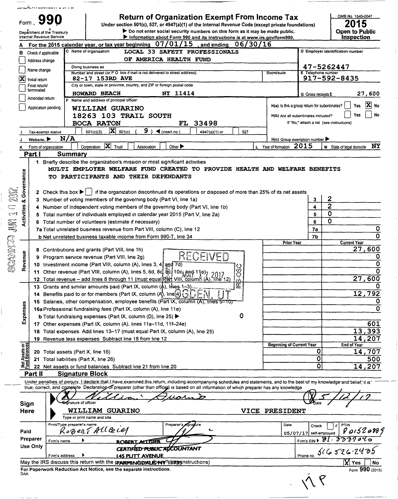 Image of first page of 2015 Form 990O for Local 33 Safety Professionals of America- Health Fund