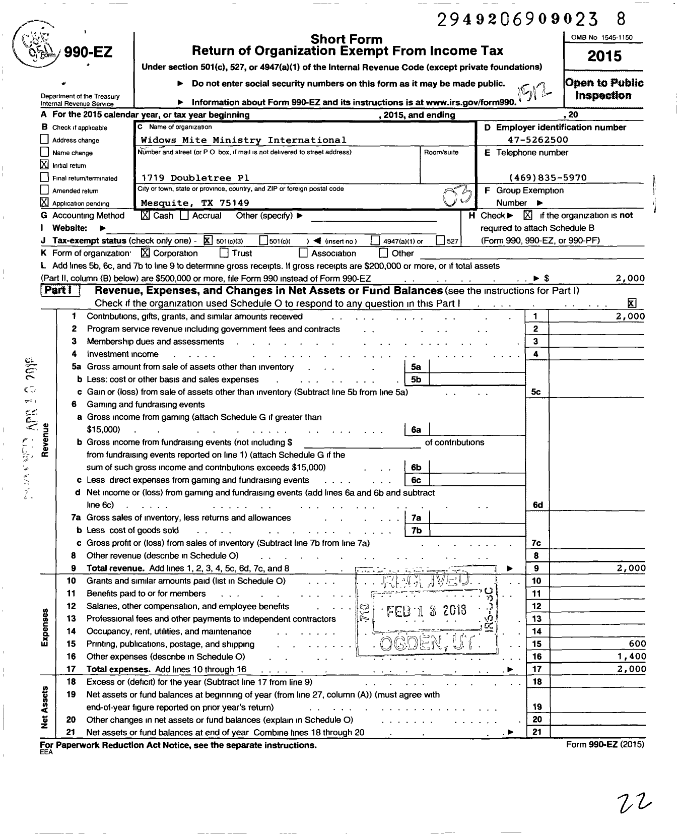 Image of first page of 2015 Form 990EZ for Widows Mite Ministry International