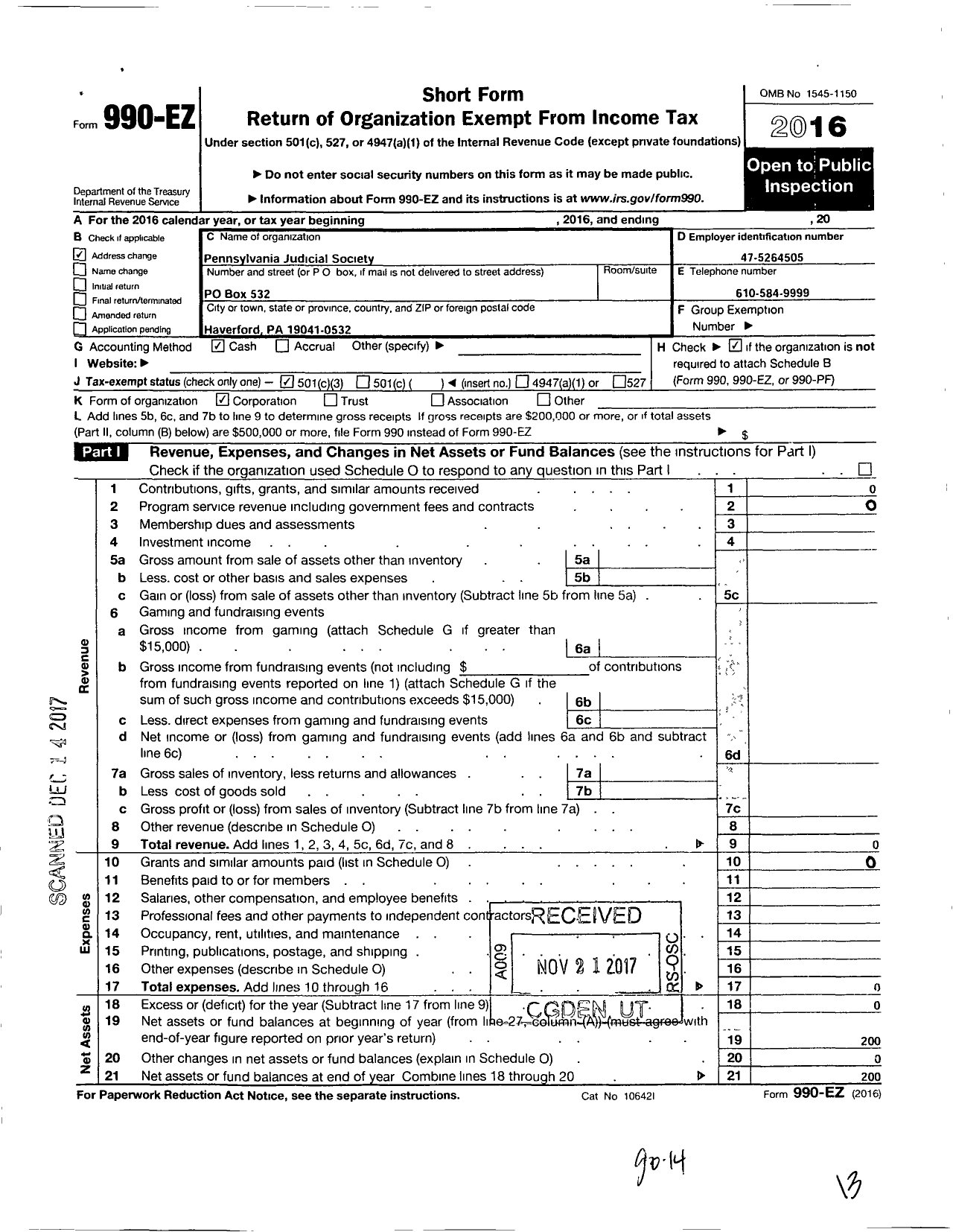 Image of first page of 2016 Form 990EZ for Pennsylvania Judicial Society