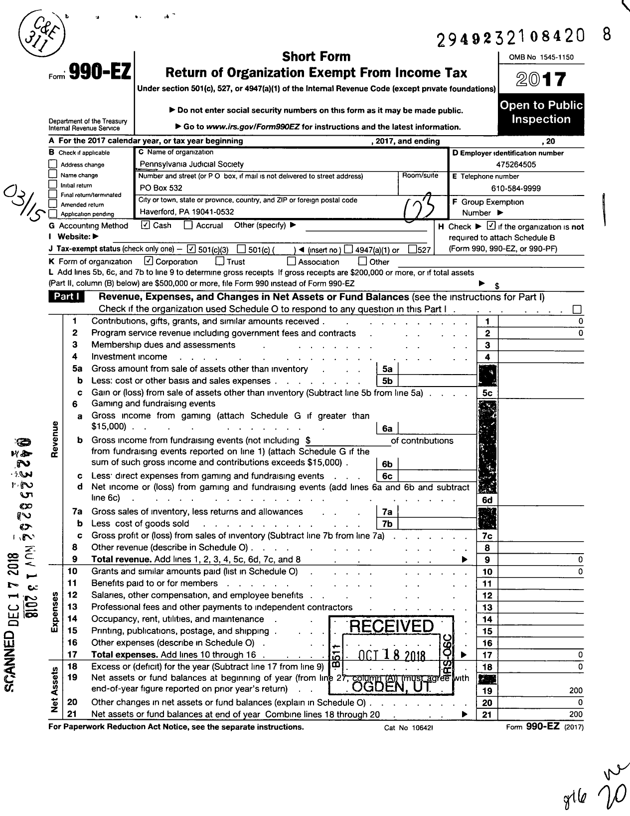 Image of first page of 2017 Form 990EZ for Pennsylvania Judicial Society