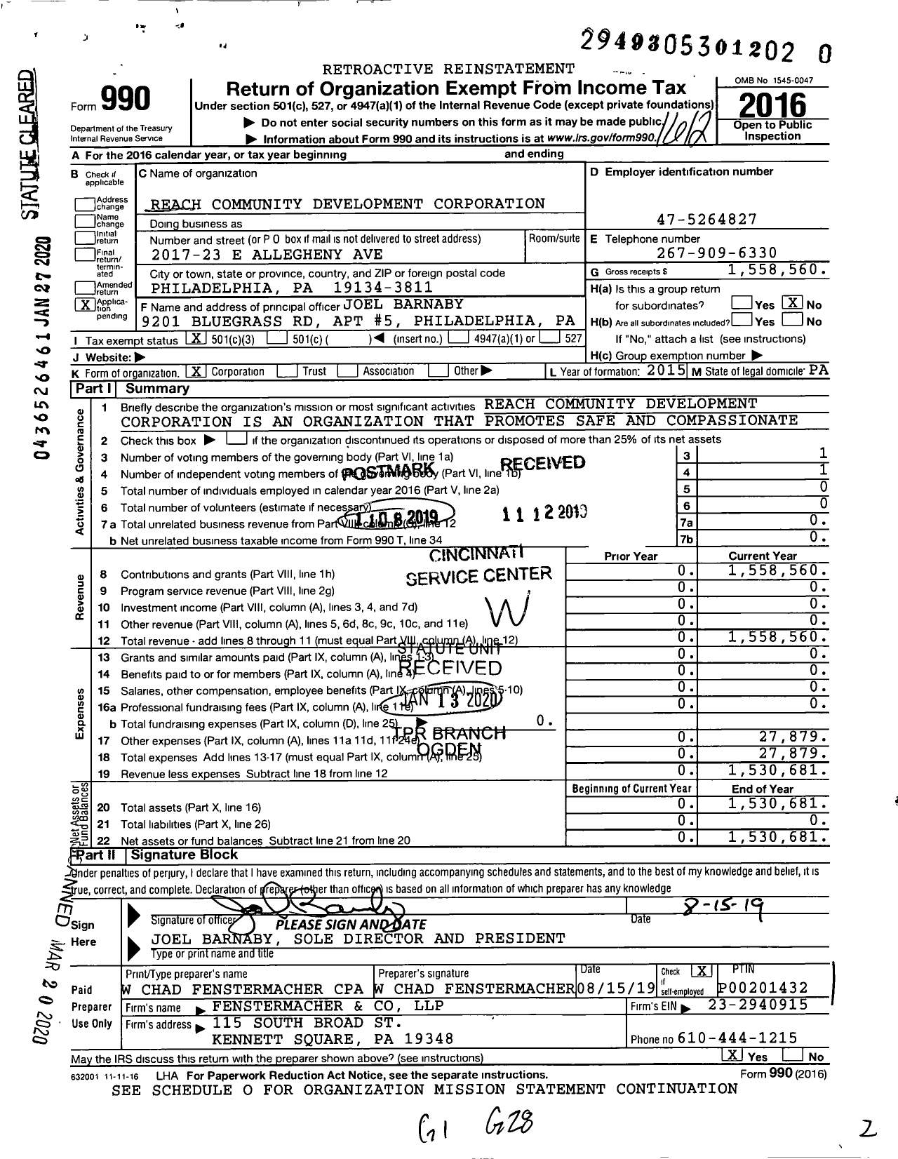 Image of first page of 2016 Form 990 for Reach Community Development Corporation