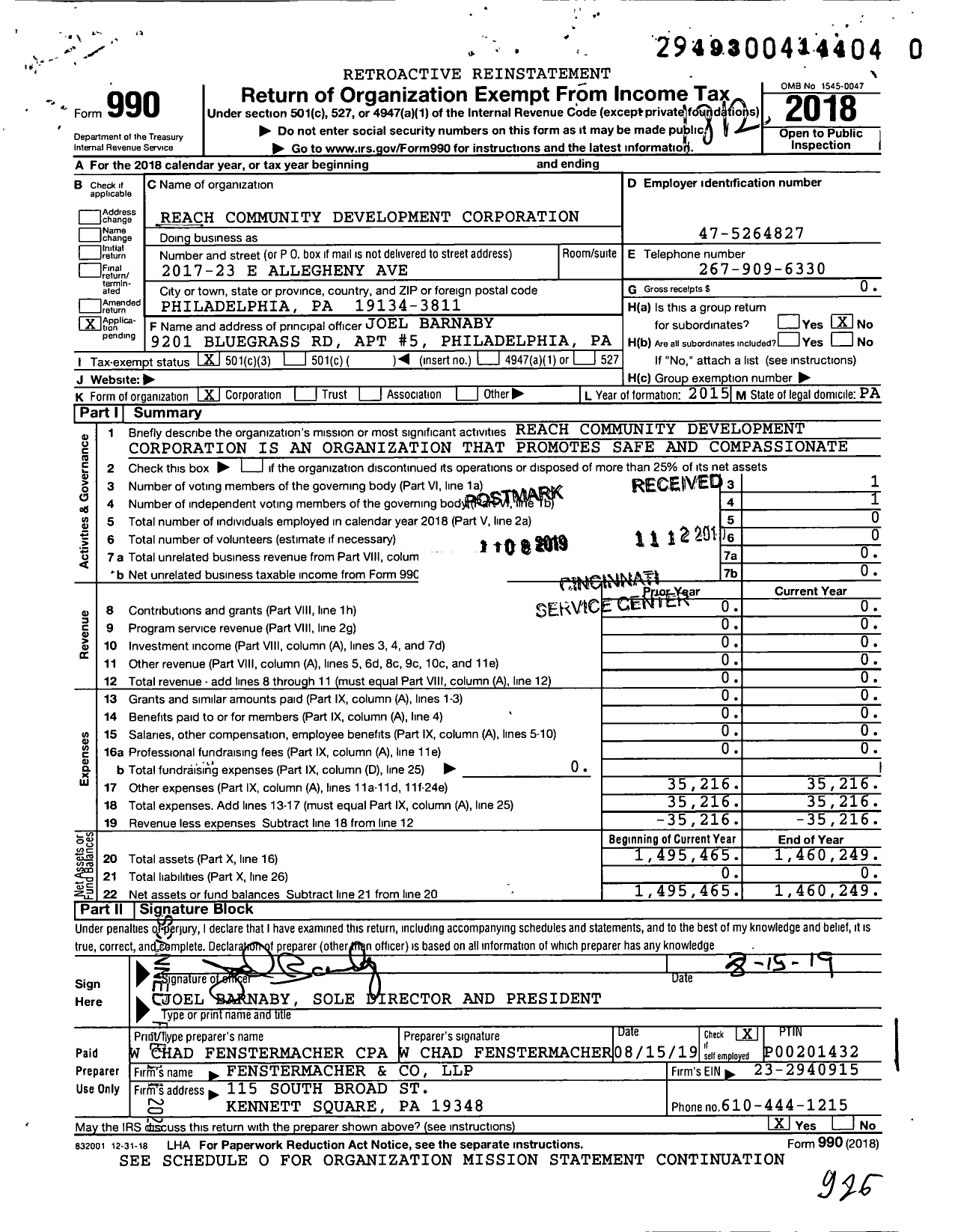 Image of first page of 2018 Form 990 for Reach Community Development Corporation