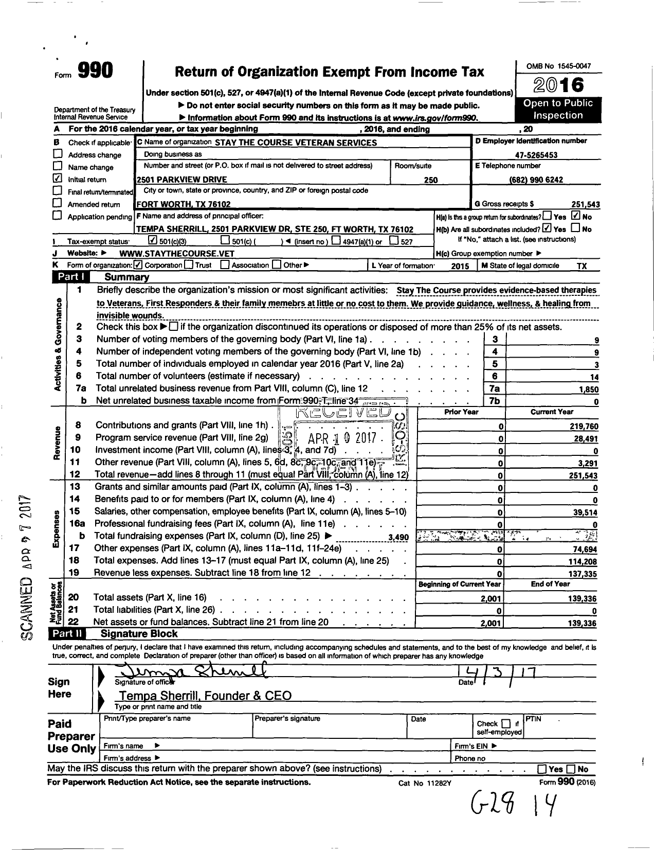 Image of first page of 2016 Form 990 for Stay the Course Veteran Services