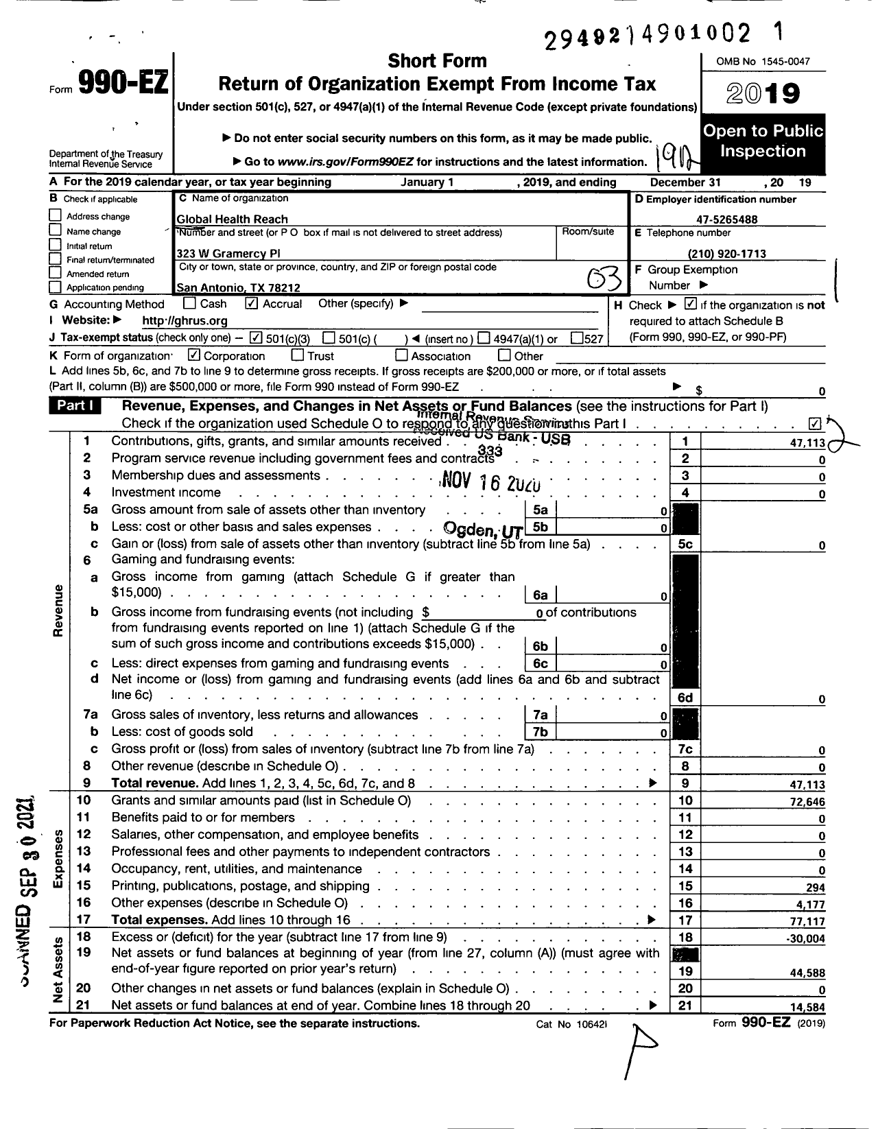 Image of first page of 2019 Form 990EZ for Global Health Reach