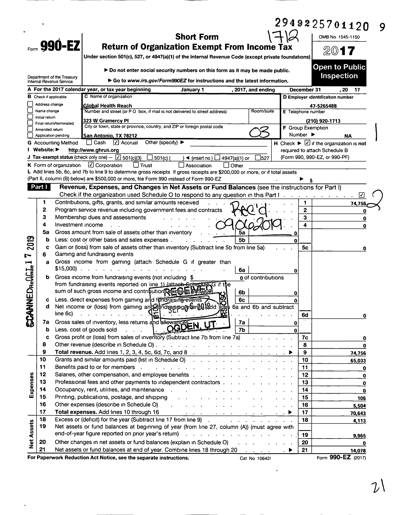 Image of first page of 2017 Form 990EZ for Global Health Reach