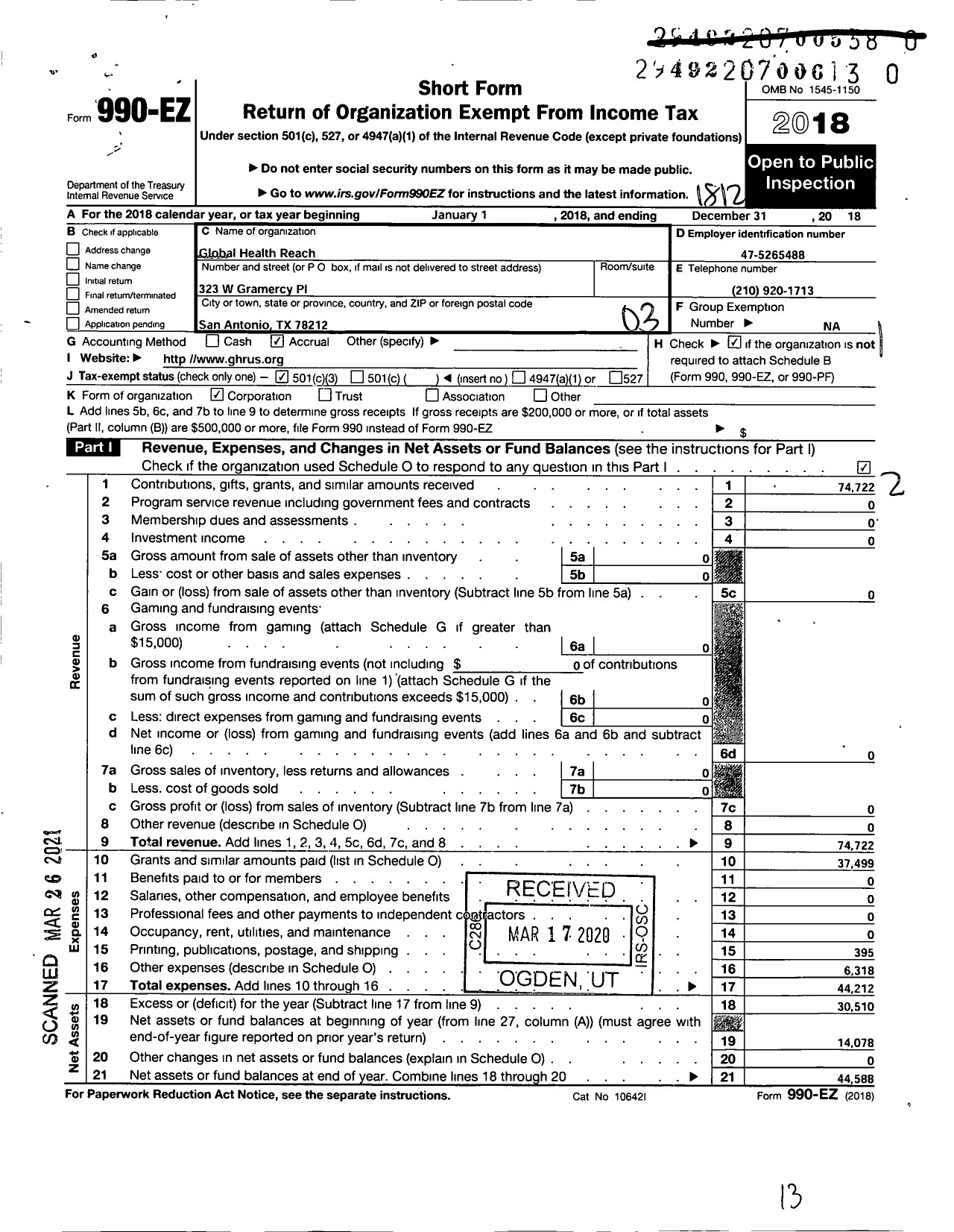 Image of first page of 2018 Form 990EZ for Global Health Reach