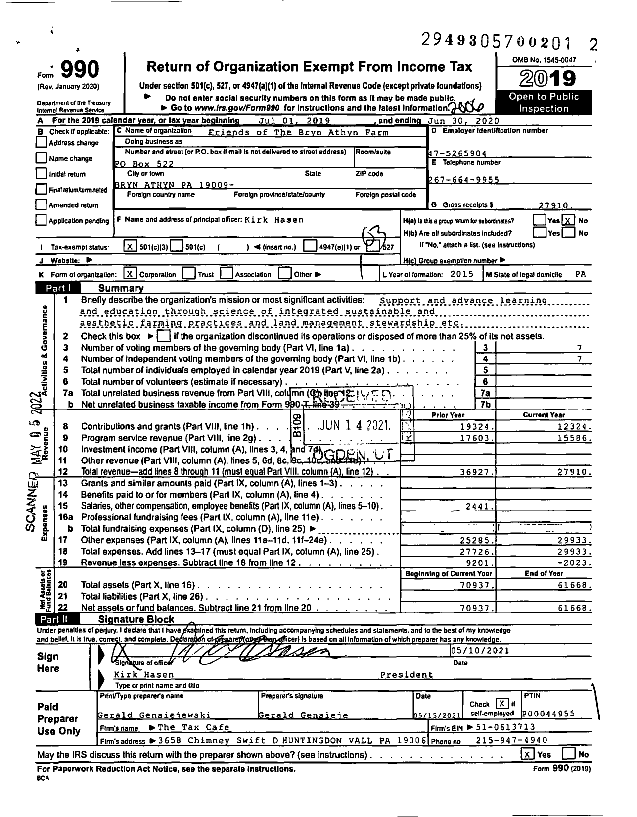 Image of first page of 2019 Form 990 for Friends of The Bryn Athyn Farm