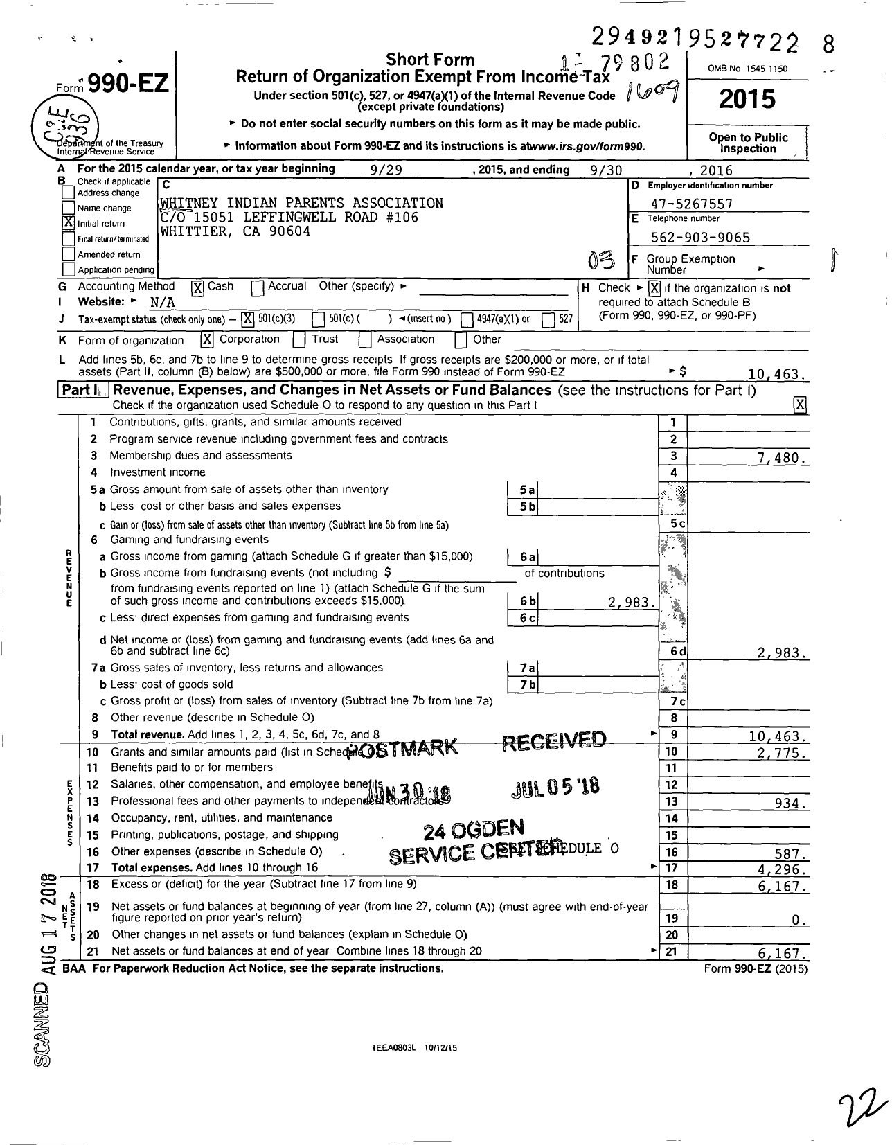 Image of first page of 2015 Form 990EZ for Whitney Indian Parents Association