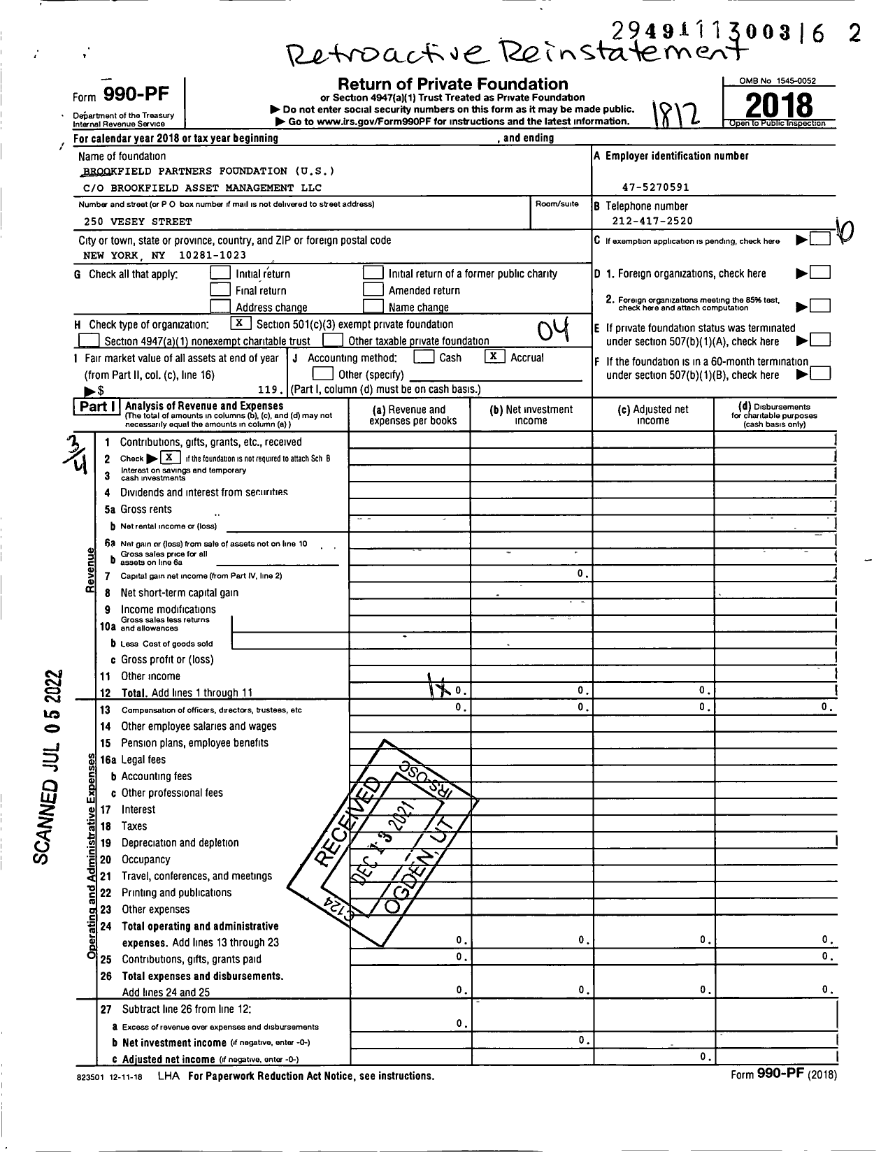 Image of first page of 2018 Form 990PF for Brookfield Partners Foundation