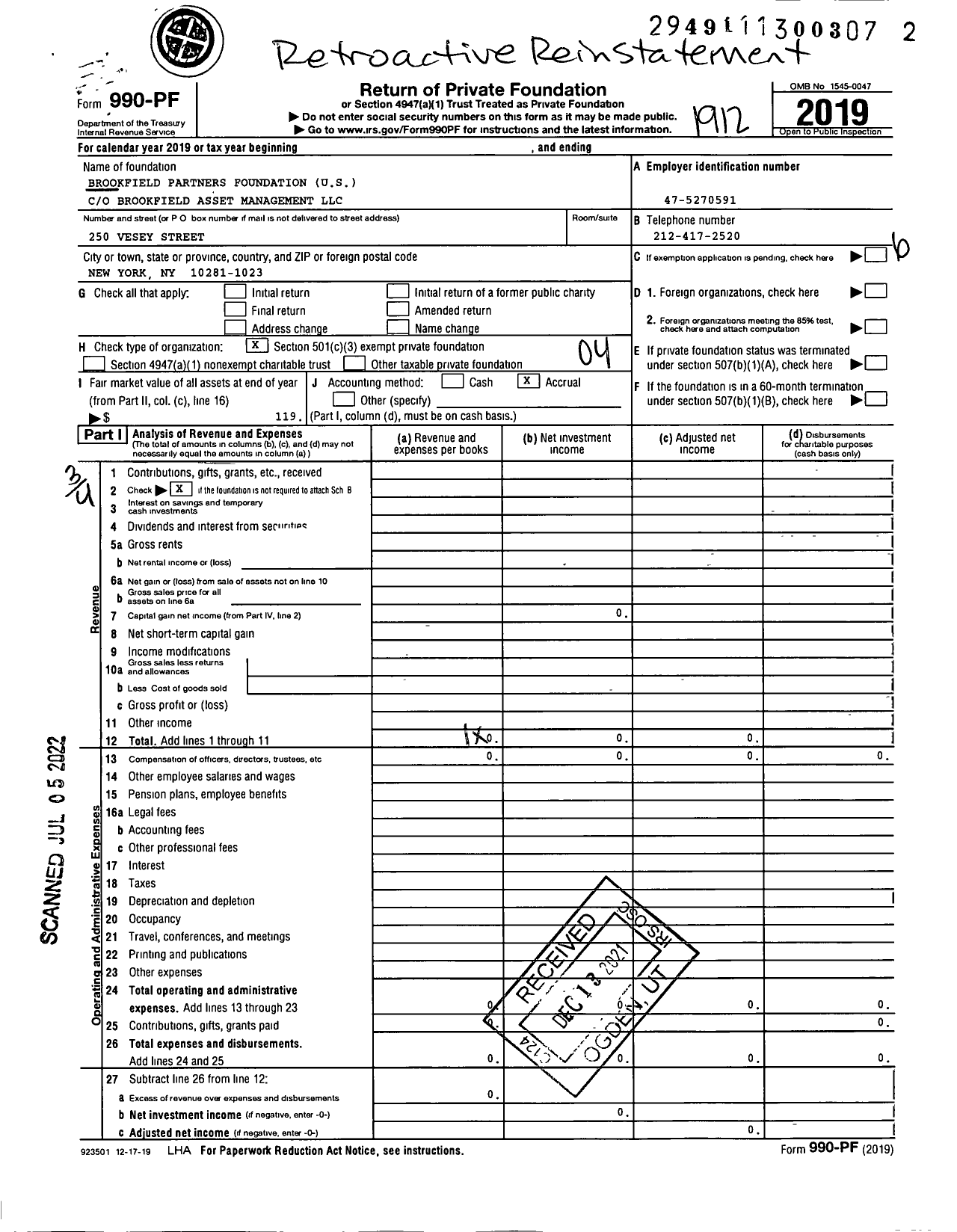 Image of first page of 2019 Form 990PF for Brookfield Partners Foundation