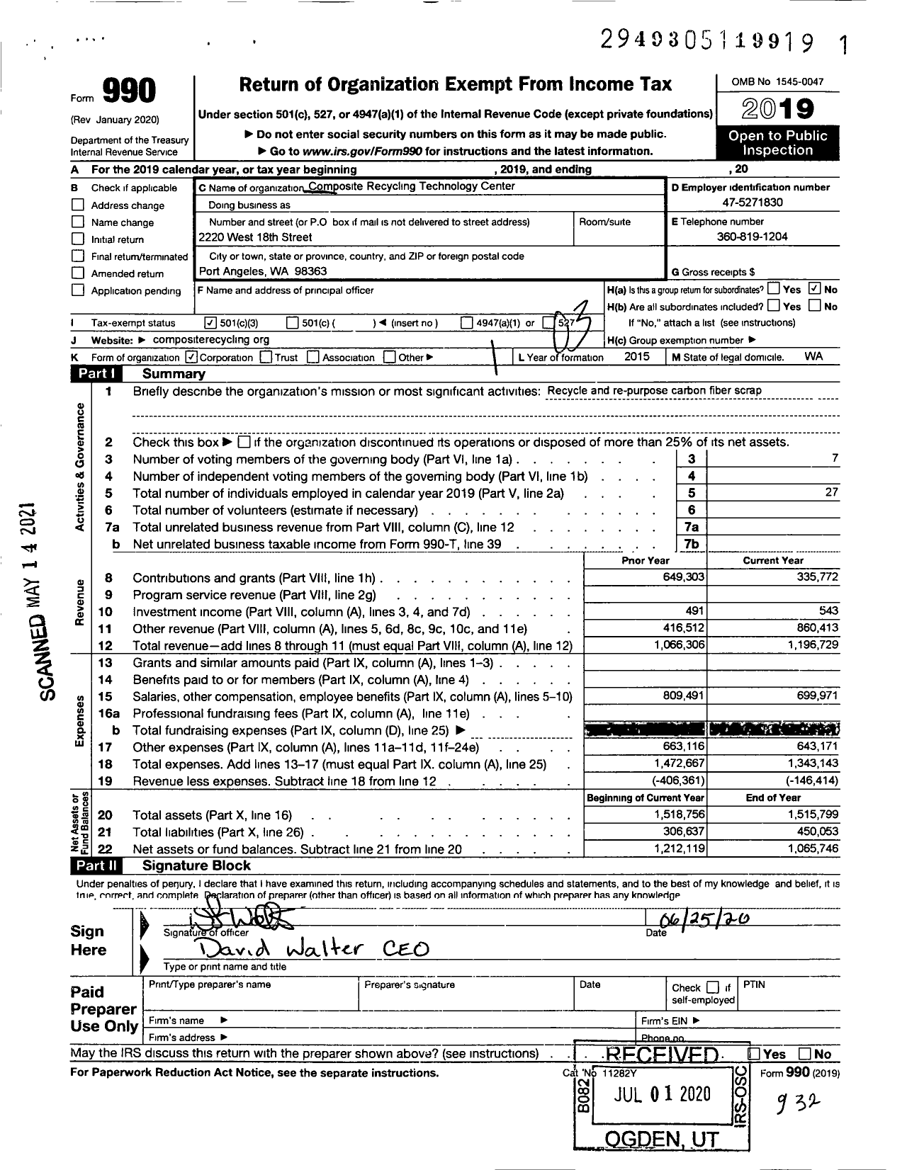 Image of first page of 2019 Form 990 for COMPOSITE RECYCLING TECHNOLOGY Center
