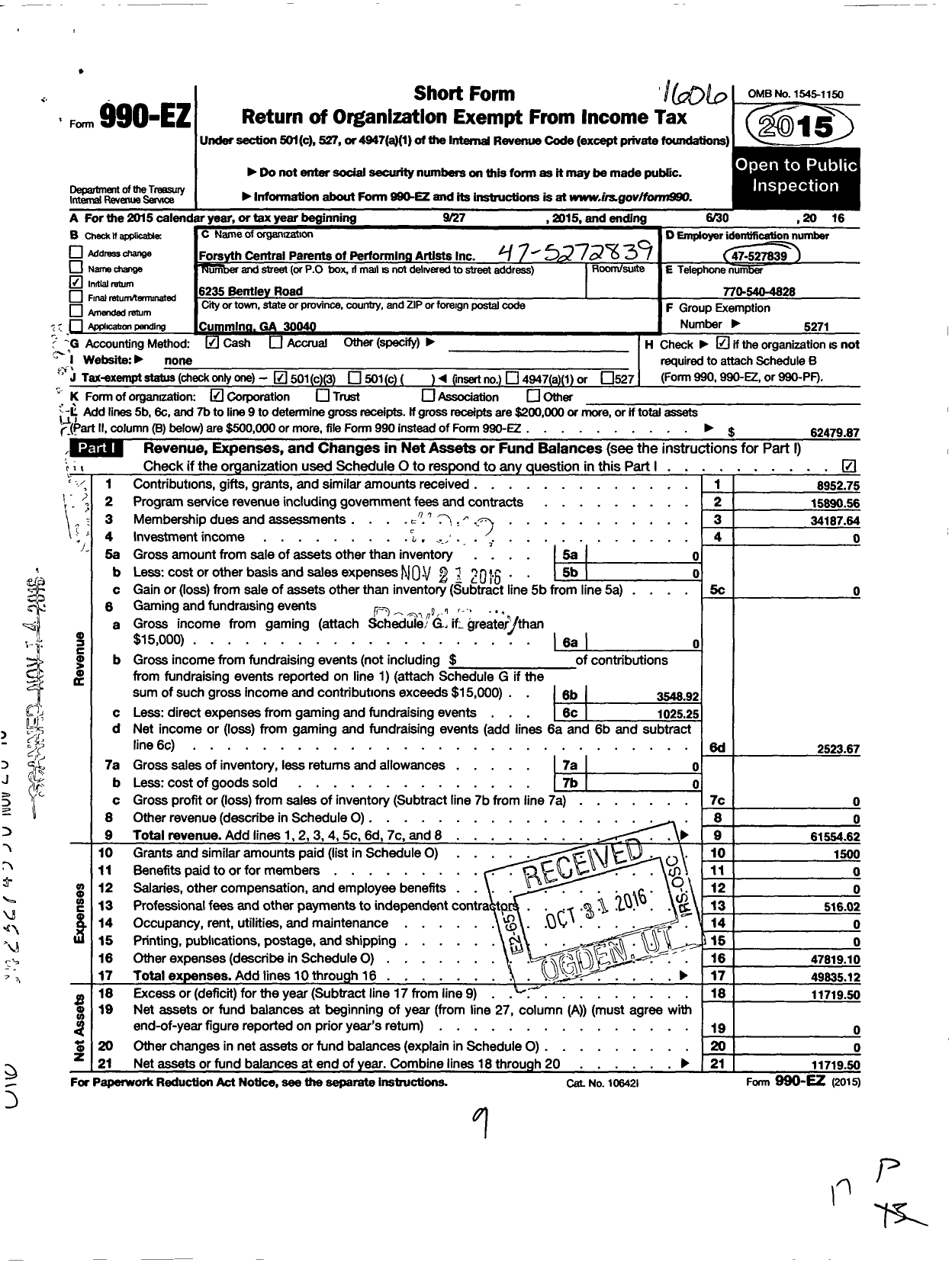 Image of first page of 2015 Form 990EZ for Parent Booster USA / Forsyth Central Parents of Perfomin